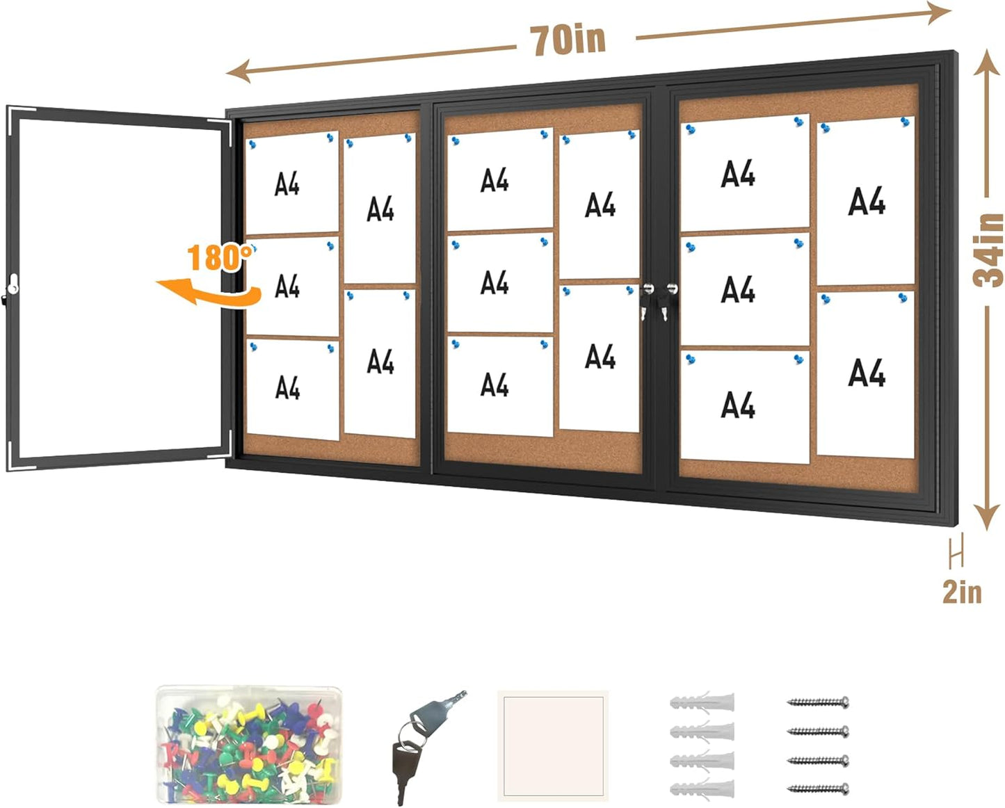 70"x34" Enclosed Bulletin Board, Outdoor Lockable Weather-Resistant Aluminum Cork Noticeboard for School & Office, Black Frame w/Cork