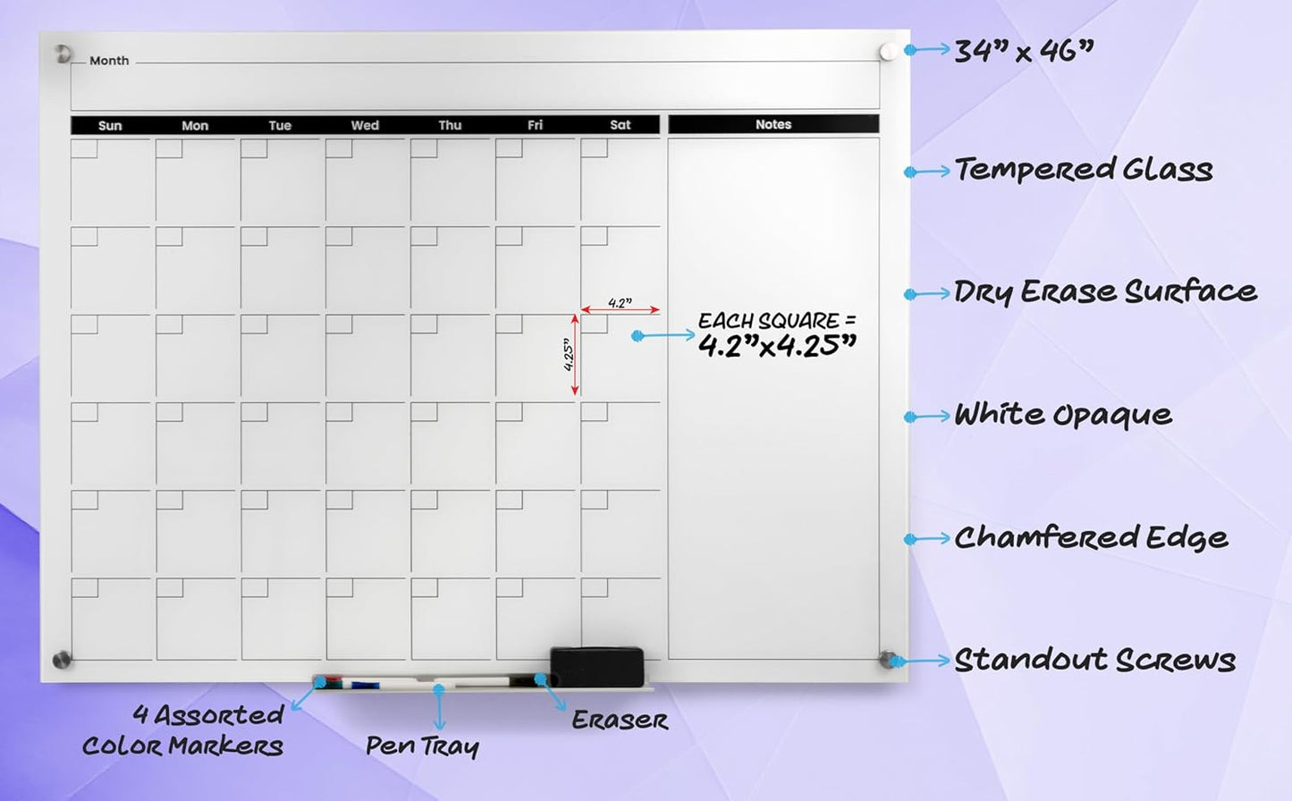 Real Glass Dry Erase Monthly Calendar, Giant Size 34" x 46", White Tempered Glass Surface, Frameless Wall Mount, with 4 Assorted Color Markers and Eraser, by Better Office Products (Bright White)