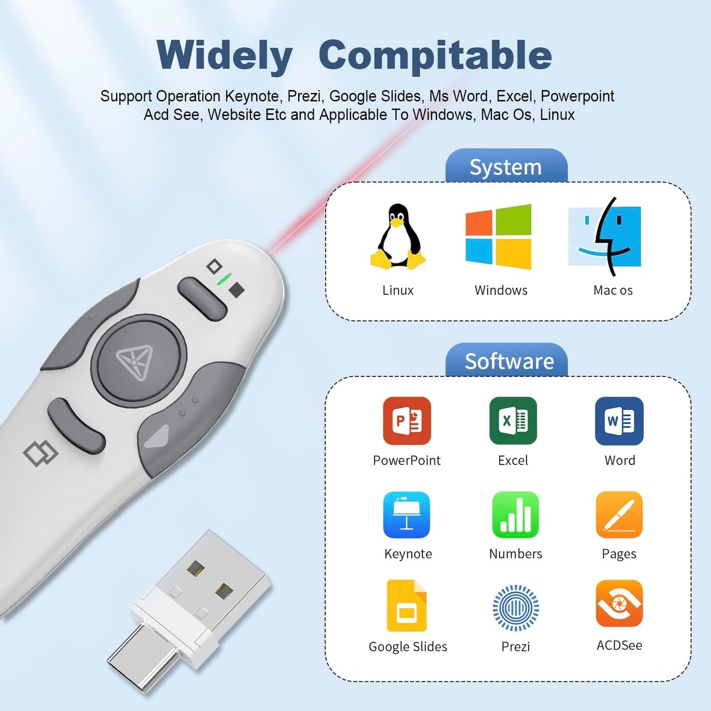 QUI Presentation Clicker Wireless Presenter Remote Clicker for PowerPoint Presentation Remote, PowerPoint Slide Advancer for Mac/Windows/Linux, Google Slide/PPT/Keynote, Type-c, Silver