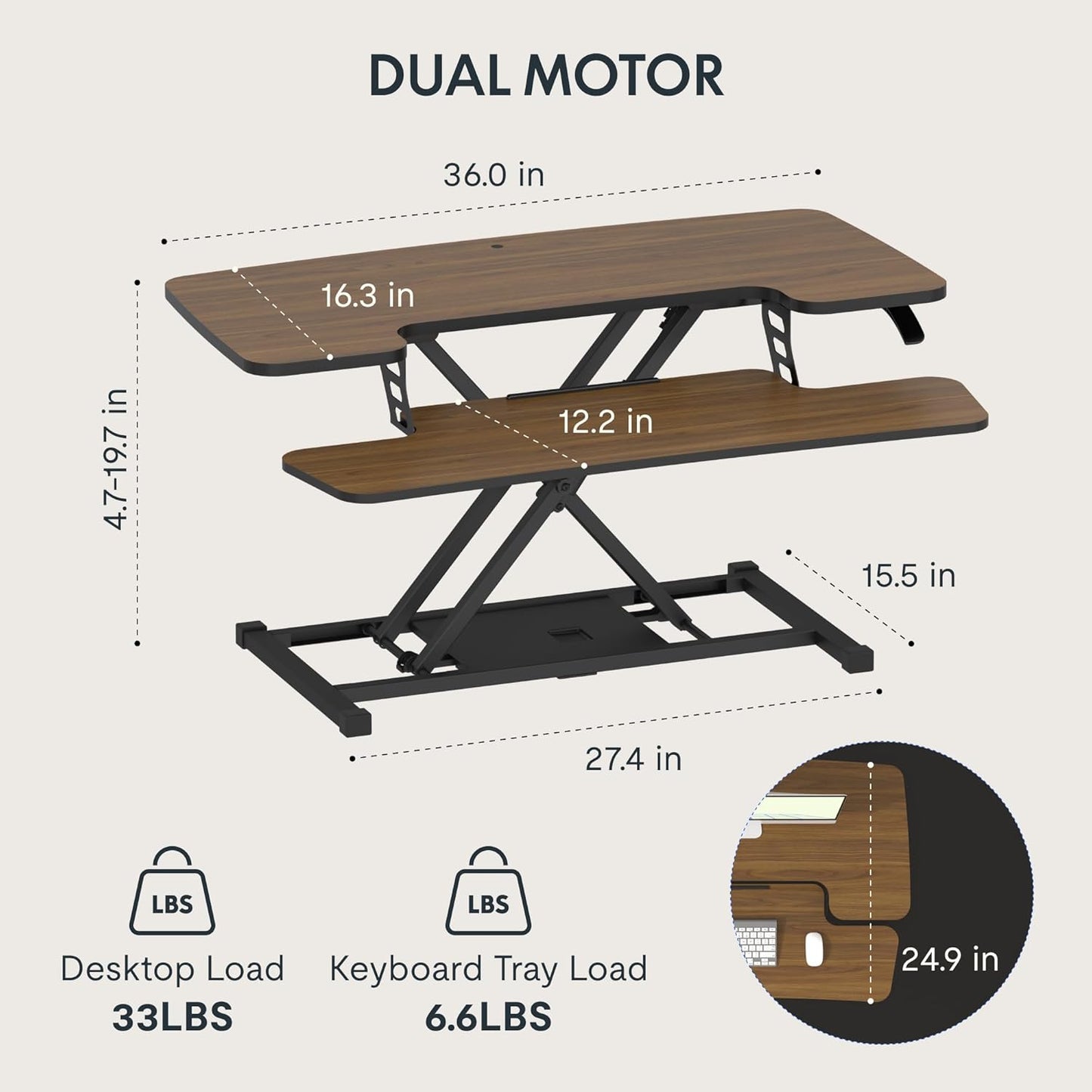 FLEXISPOT Standing Desk Converter 36in Sit to Stand up Riser Height Adjustable Monitor and Laptop Workstation with Spacious 2-Tier Desktop, Walnut Color