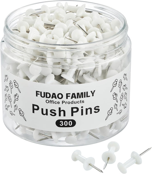 FUDAO FAMILY 300pcs Push Pins for Bulletin Board, Thumb Tacks for Wall Corkboard, Map Pins - Home Office Craft Projects Plastic Head Steel Push Pin (White)
