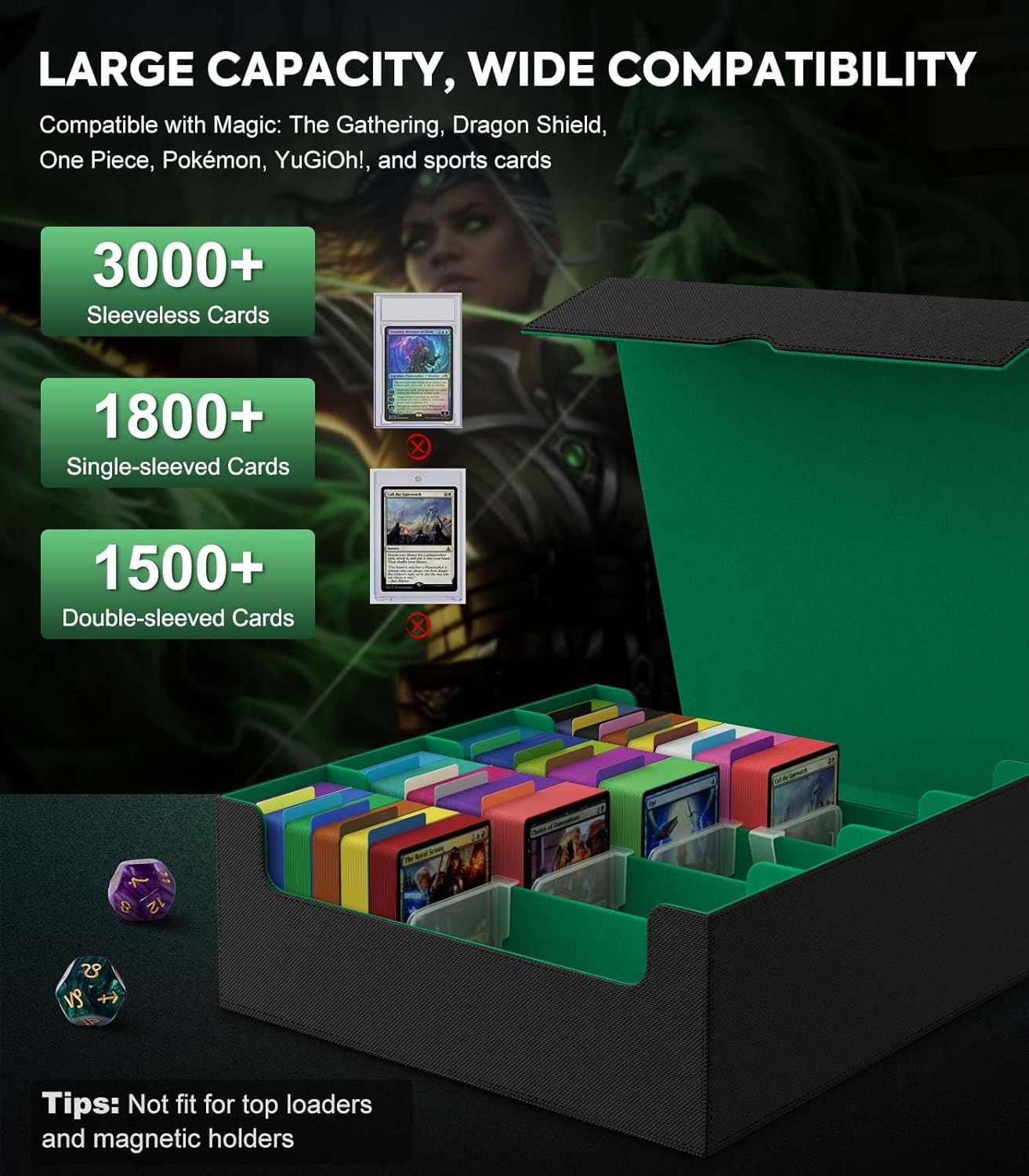 MoKo Trading Card Storage Box, 3000+ MTG Deck Box with 24 Colorful Dividers & 4 Card Supporters, Commander Card Deck Case Fits for Magic Game Cards, YugiOh, TCG, PTG and Sport Cards, Green
