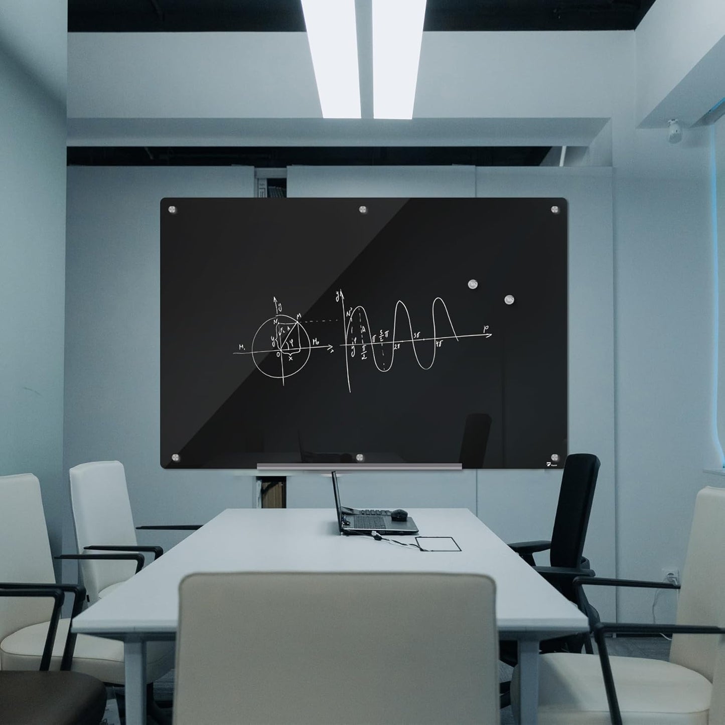 TOWON 6 x 4ft Glass Whiteboard Wall, Black Magnetic White Board Dry Erase 72 x 48 in, Big Glass Dry Erase Board with Multi-Color Markers, Strong Magnets, Pen Tray and Eraser, Frameless