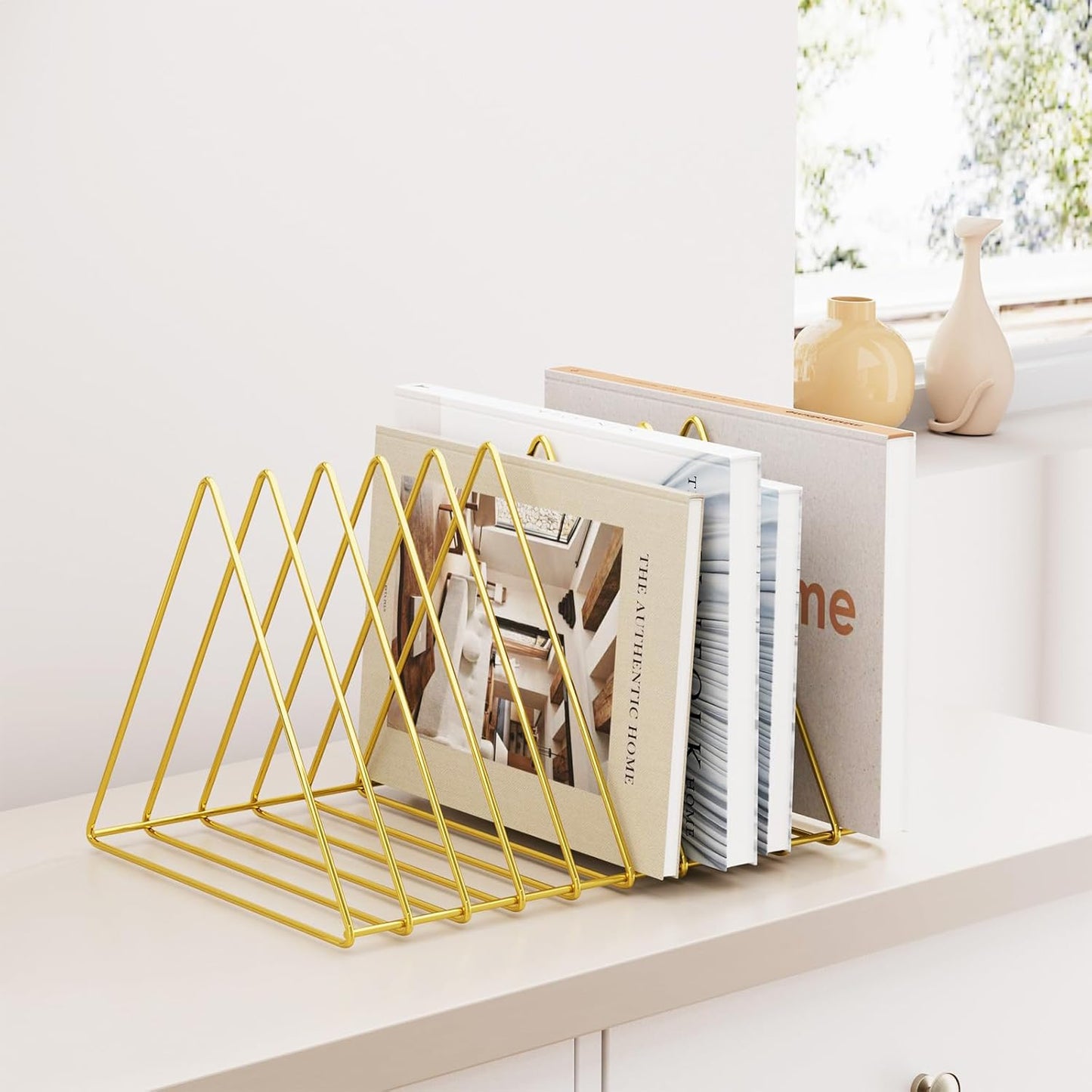 Urban Deco Triangle Desk Organizers Metal Wire Magazine Holder 10 Sections Decorative File Folder Organizer Vinyl Record Storage Office File Organizer For Desk - Gold Magazine File Holder