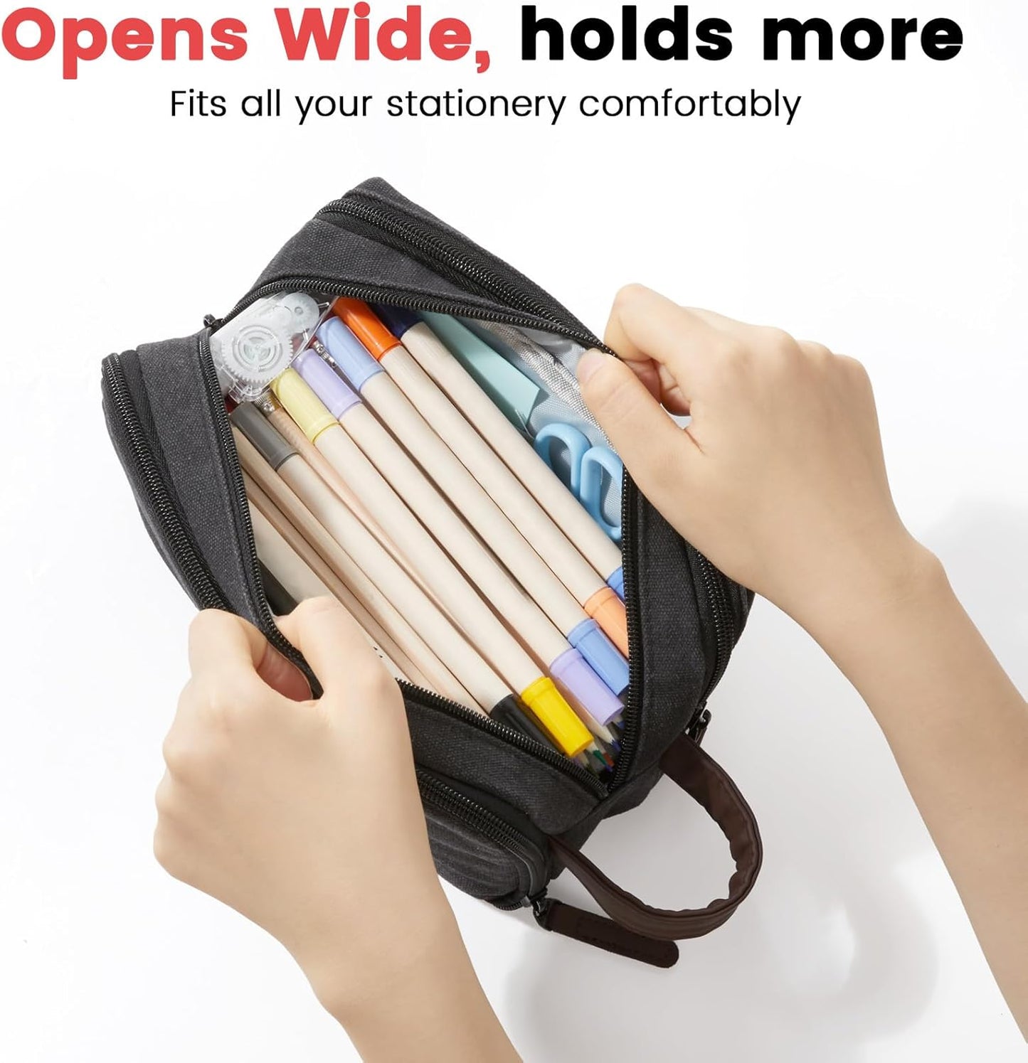 Sooez Large Pencil Case Pouch, Extra Big Pencil Pouch Pencil Bag with PU Handle & Zipper, Sturdy Pen Case with 3 Compartments, Aesthetic School College Supplies Organizer for Men Women Boys, Dark Gray