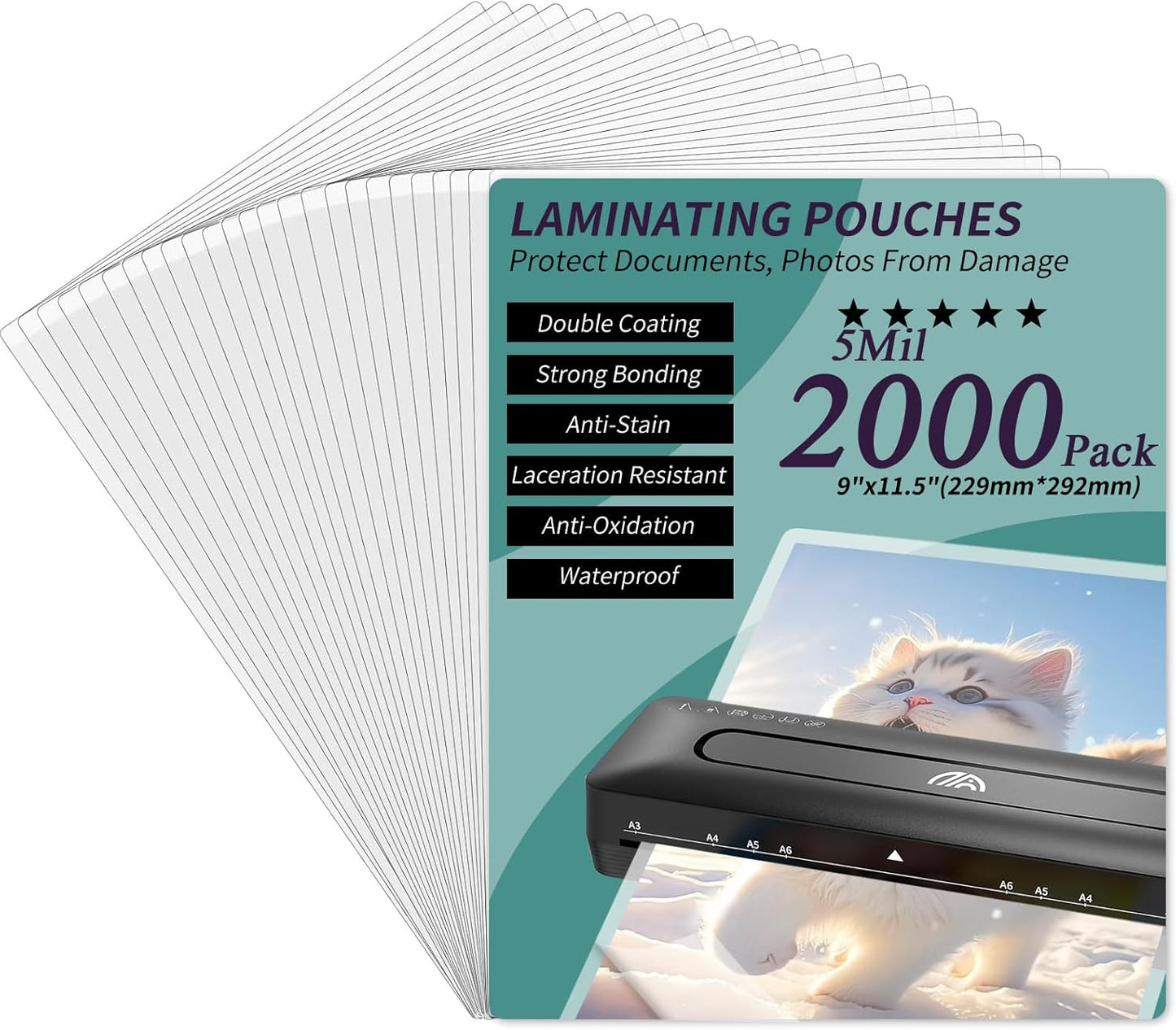 Laminating Sheets - 5Mil Thermal Laminating Pouches, 9"x11.5" Clear Laminate Sheets for Schedules, Menus, Certificates, Art Drawings, Round Corner, 2000 Pack