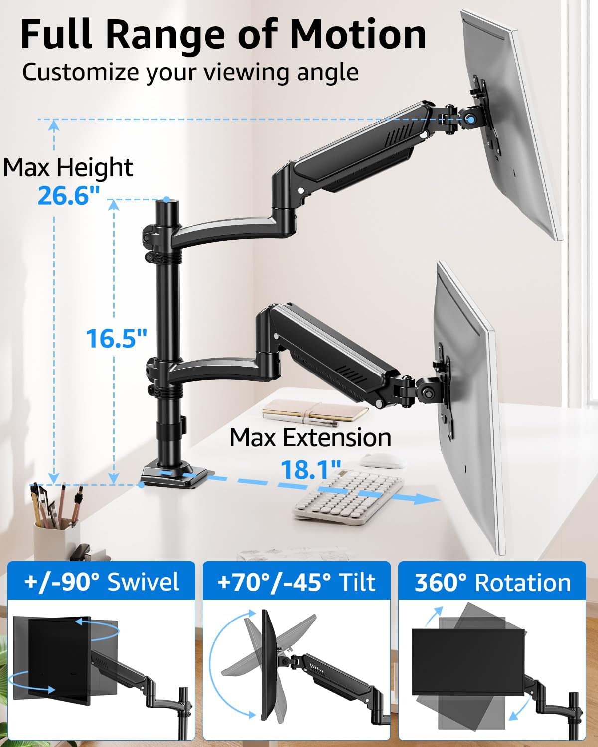 Dual Monitor Stand Holds 4.4-22 lbs Each, Dual Monitor Mount Height up to 26.6 inch, Gas Spring Monitors Arm for Max 32 inch Computer, VESA Mount with C-clamp & Grommet Mounting, Freelift Black