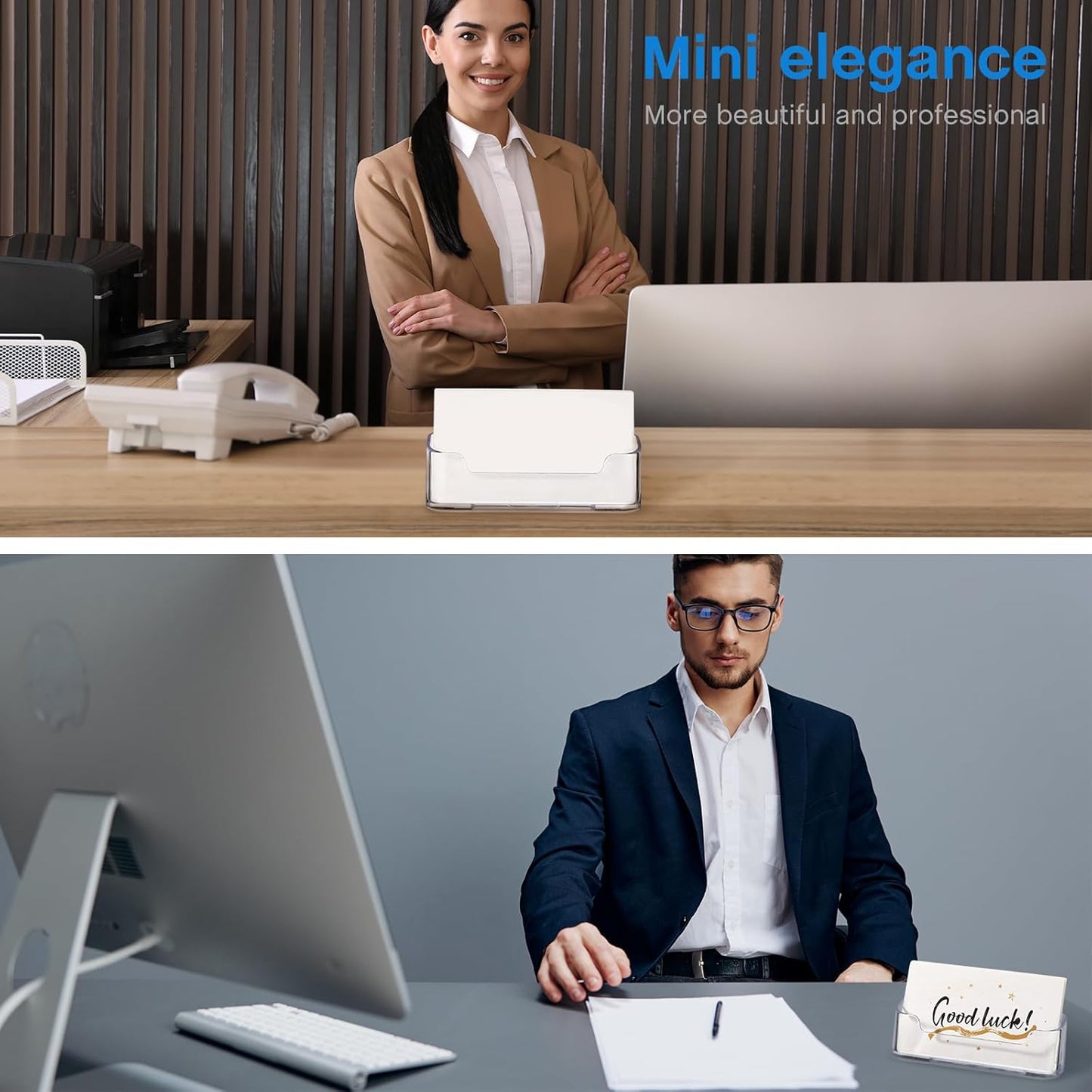 Leinuosen 8 Pack Business Card Holder for Desk Acrylic Business Card Holder Display Clear Label Stand Label Table Desktop Organizer for Home and Office