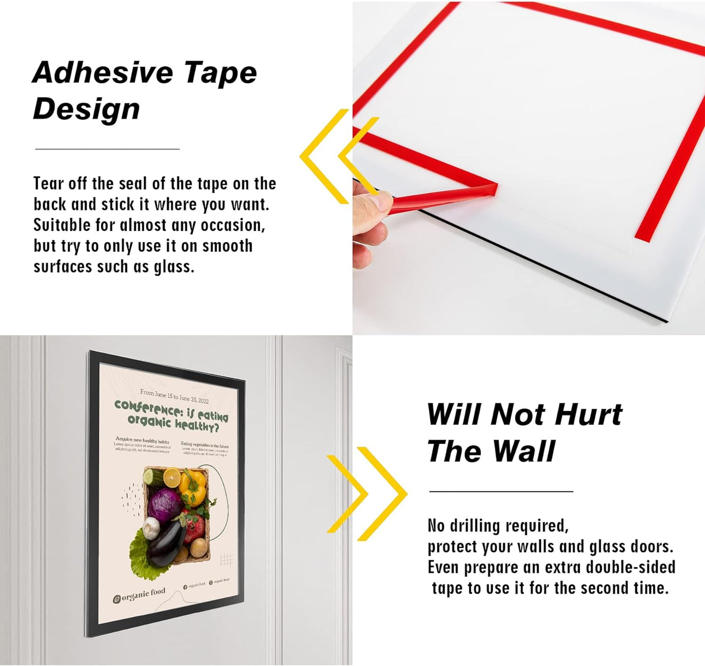 Acrylic Magnetic Sign Holder, Easy-Opening 8.5 x 11 Wall Mount Display Frames, Self Adhesive Back Plastic Clear Document Frame, Horizontal & Vertical Display (Black, 3Pack)