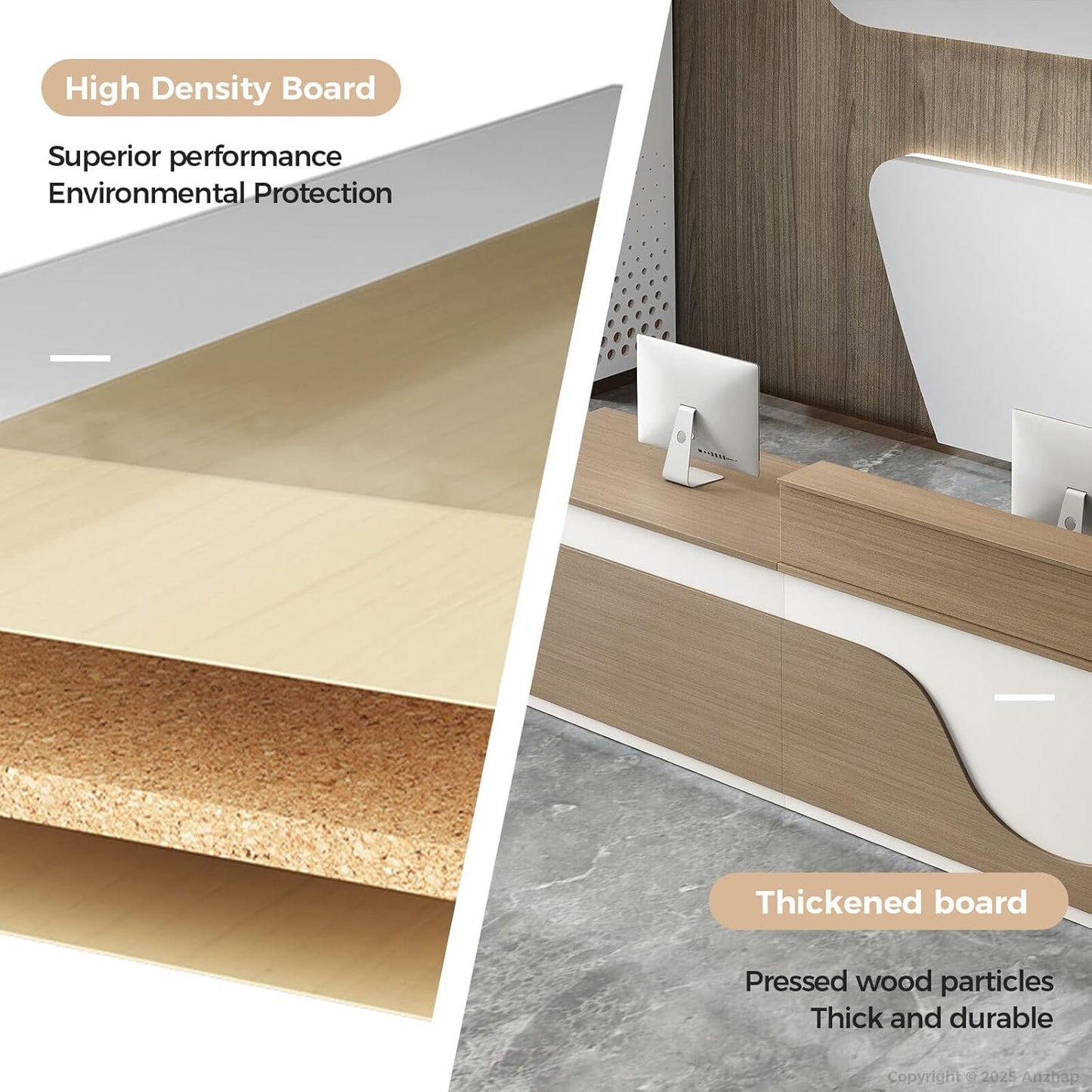 Modern Reception Desk – L Shaped Front Desk Checkout Counter with Drawers, Storage Cabinet and Double-layer tabletop for Office, Salon, Lobby, Cashier (White+Natural/Left, 71"L * 24"W * 39"H)