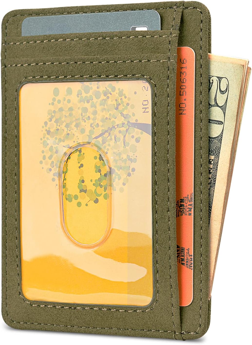 Buffway Slim Minimalist Front Pocket RFID Blocking Leather Wallets for Men and Women - At Sahara Desert Green