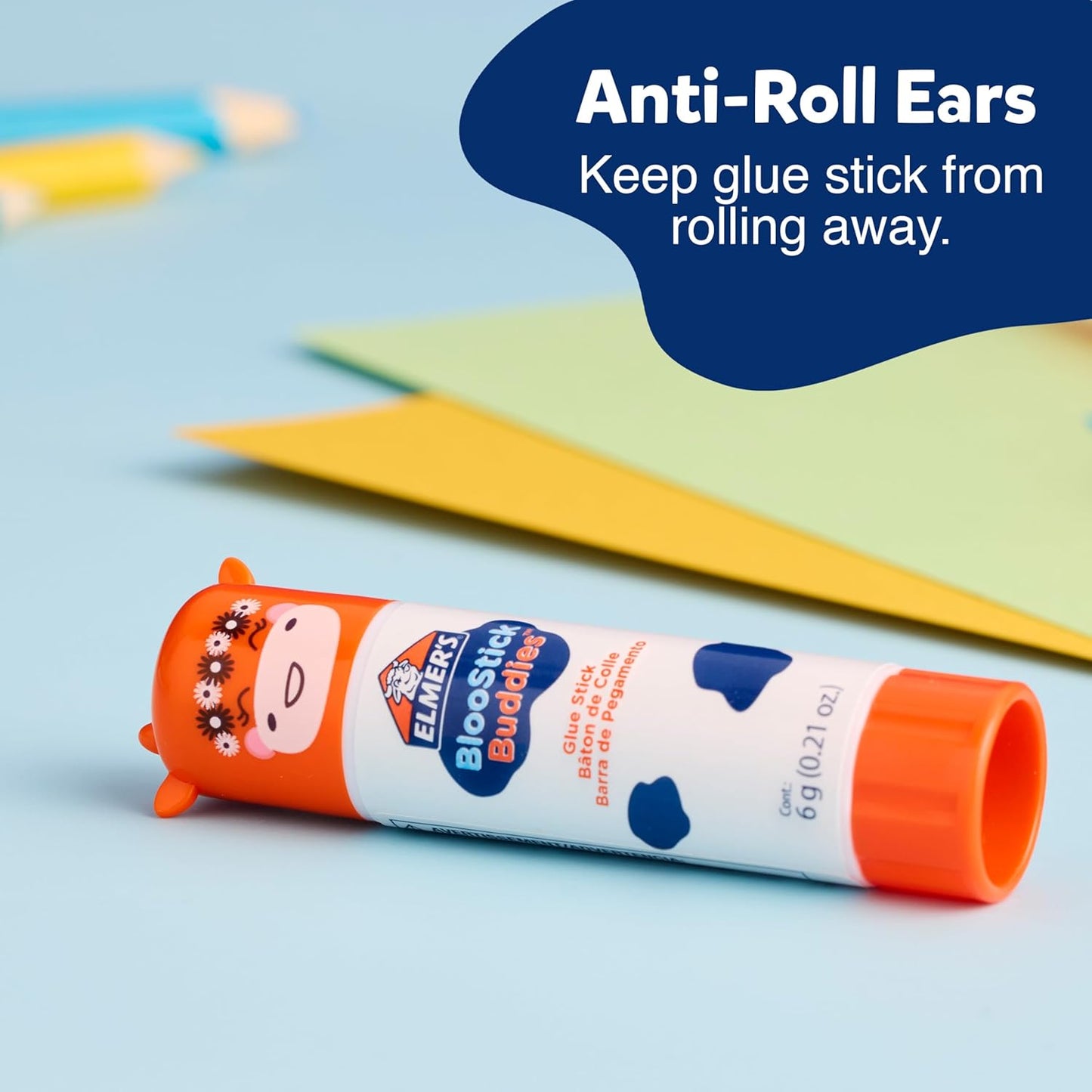 Elmer's BlooStick Buddies Glue Sticks, Disappearing Blue Glue Stick, Anti-Roll Cap, 6g, 48 Count, #1 Teacher Brand