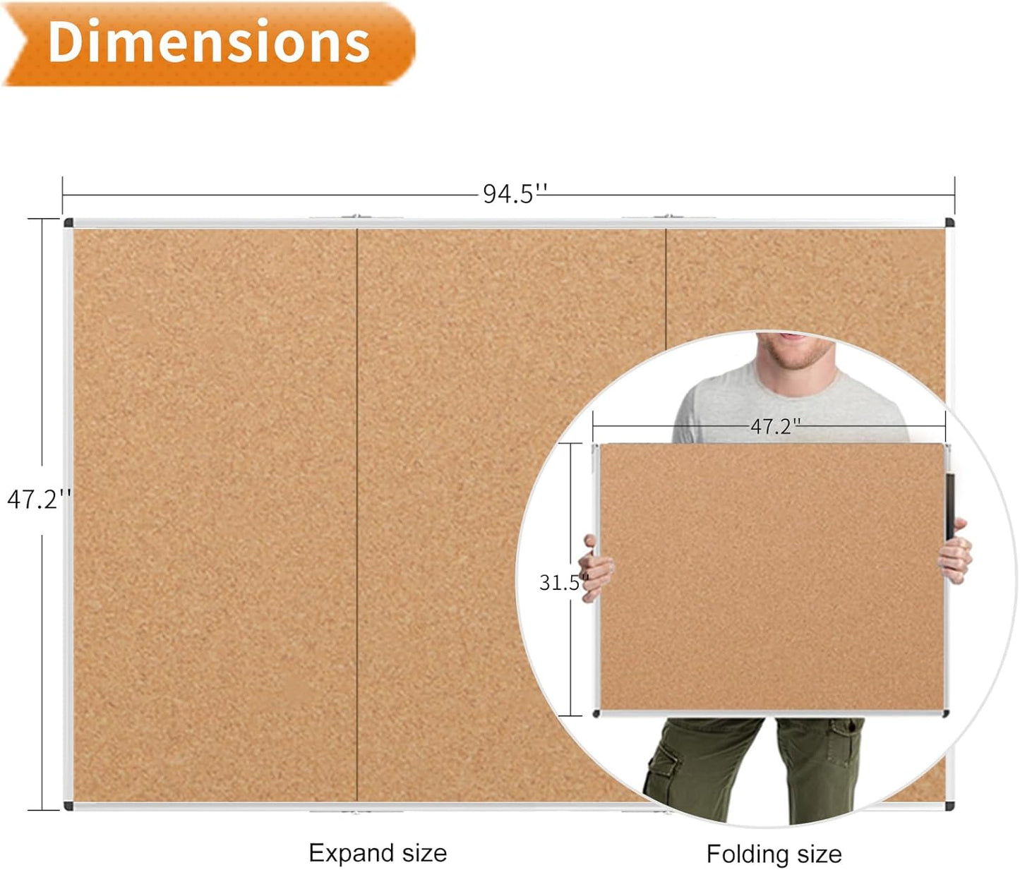 VIZ-PRO 96" x 48" Large Cork Bulletin Board, Foldable & Wall-Mounted Notice Pin Board with Silver Aluminum Frame, for School Home Office - 8' x 4' Corkboard