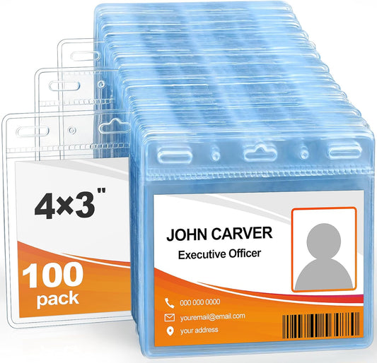 100 Pcs Card Protector ID Name Badge Holder 4 x 3 Inches Clear Plastic Horizontal No Zipper ID Card Holder