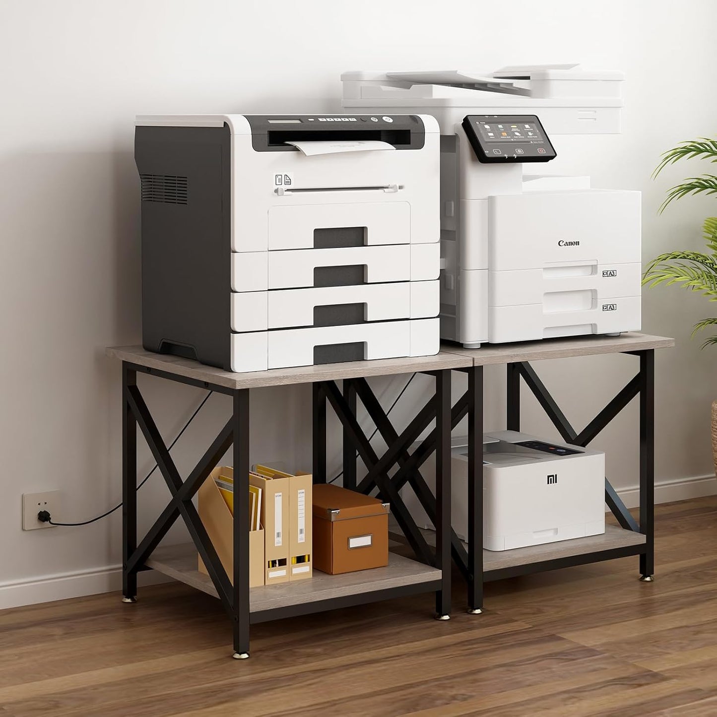 Large Printer Stand with Power Outlet, with Storage Shelf, 2 Tier Rolling Printer Cart with Industrial Wheels, 23.6 x 23.6 Inches Printer Table for Home Office,Greige