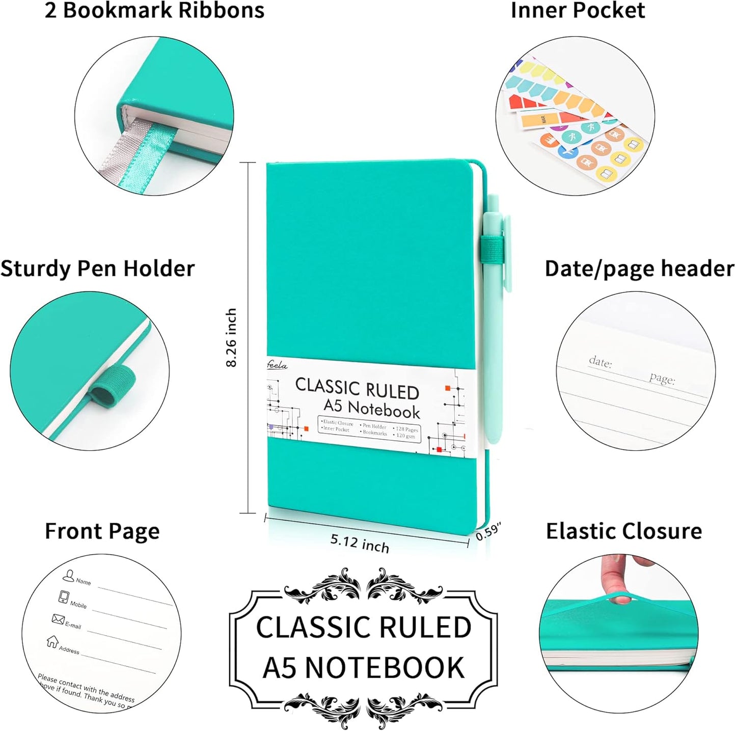 feela 12 Pack Notebooks Journals Bulk, Hardcover Notebook Classic Ruled Lined Journals with Pen Holder for Women Girls School Business Supplies, with 12 Black Pens, 120 GSM, 5.1”x8.3”, A5, Aqua