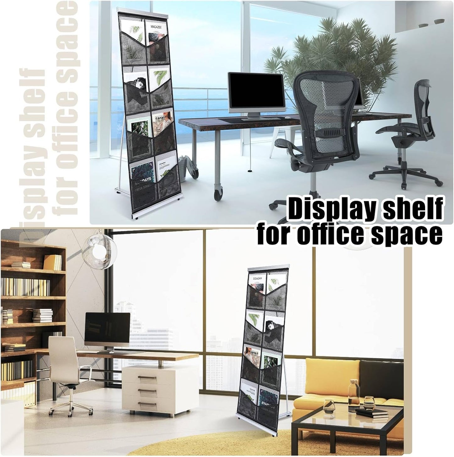 Outus Mesh Literature Brochure Holder with 8 Pocket Portable Magazine Display Roll Up Magazine Rack Lightweight Floor Standing Catalog Office Brochure Display Stand for Business Trade Shows (Black)