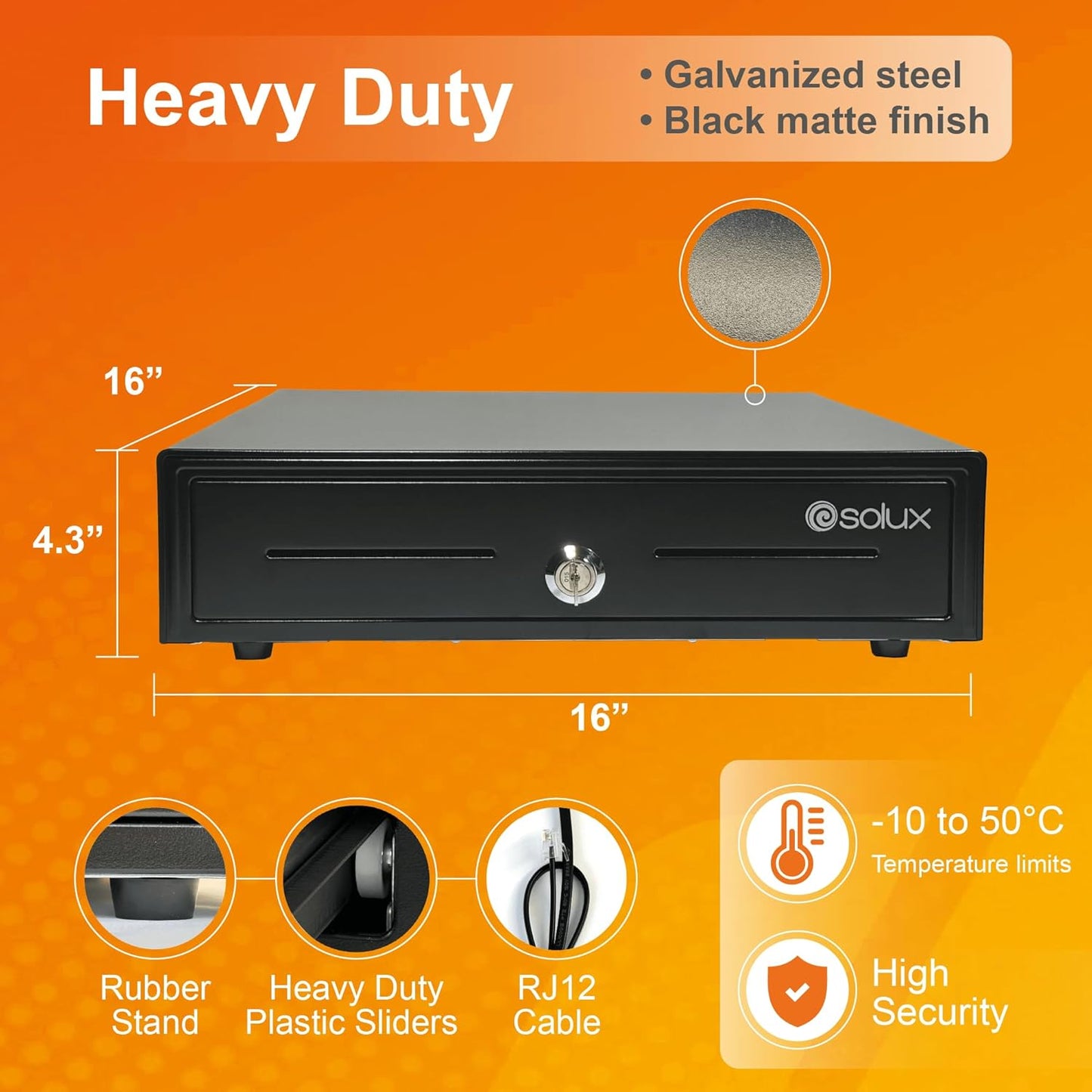 SOLUX 16" Cash Drawer - Cash Registers - Cash Register Drawer for POS - Square Cash Drawer - for Small Businesses - Removable Coin Tray - 24V, RJ11/RJ12- Key Lock - 5 Bill - 5 Coin, Black