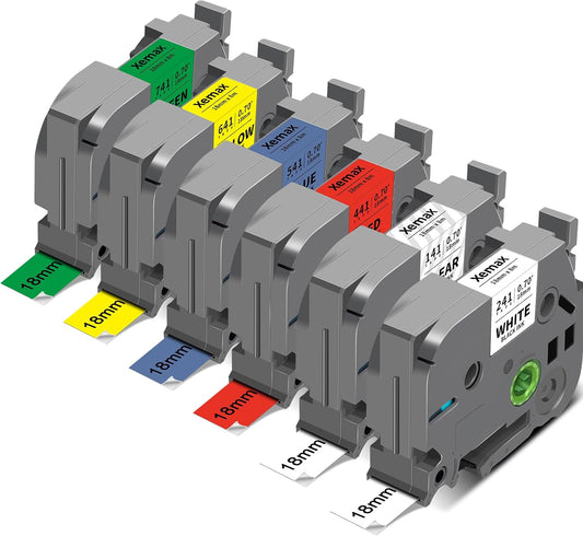 6-Pack Tze 18mm 0.7" Laminated Colored Label Tape Compatible for Brother P Touch Label Tape 3/4 Inch Tze 241 Label Maker Tape for PTD400 PTD610BT PTD410, White/Clear/Red/Blue/Yellow/Green