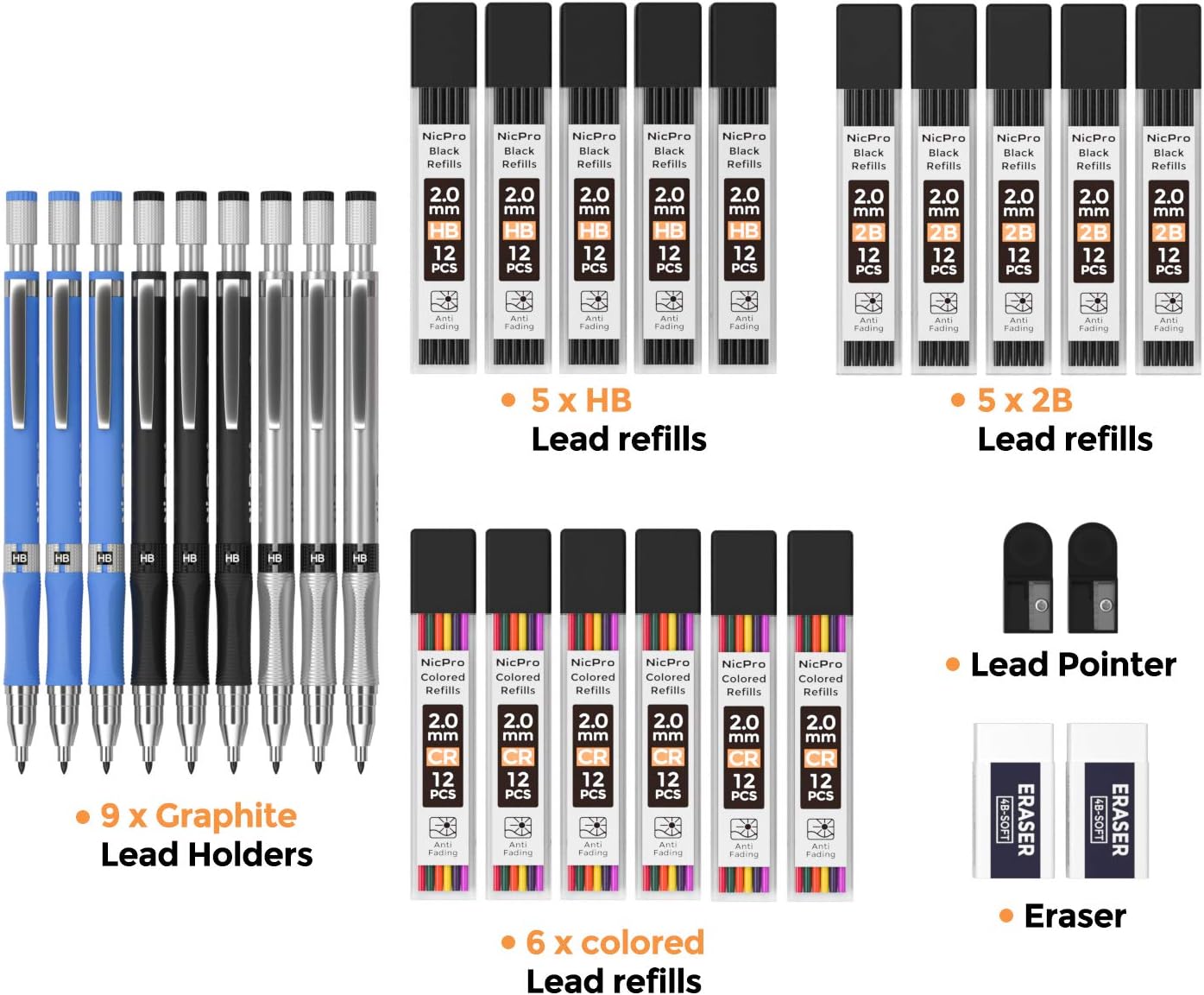 Nicpro 29 Pieces 2mm Mechanical Pencil Set, 9 PCS Drafting Carpenter Pencils 2.0 mm for Art Drawing Sketching construction with 192 Lead Refills Pre-Sharpen HB & 2B & Colors, 2 Erasers, 2 Sharpener