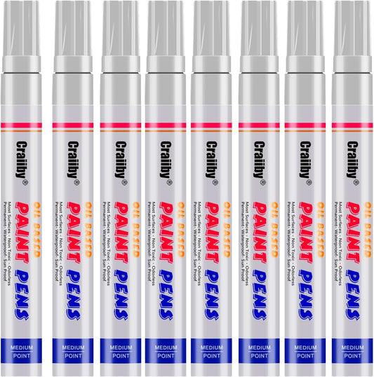 White Paint Markers, 8 Pack Oil-Based Waterproof Quick Dry and Permanent Paint Pen Set for Rocks Painting, Wood, Plastic, Canvas, Glass, Mugs, Metal, Tire, Stone, DIY Craft