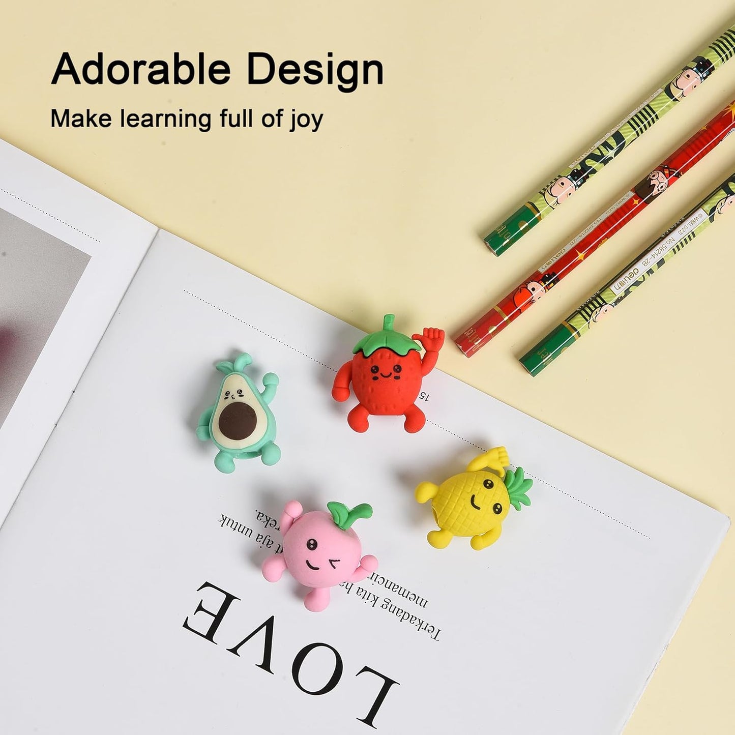 16Pcs Pencil Top Erasers for Kids, 3D Cute Fruit Pencil Toppers, Bulk Fun Pencil Cap Easters for School Classroom Supplies Prize Gifts Party Favors