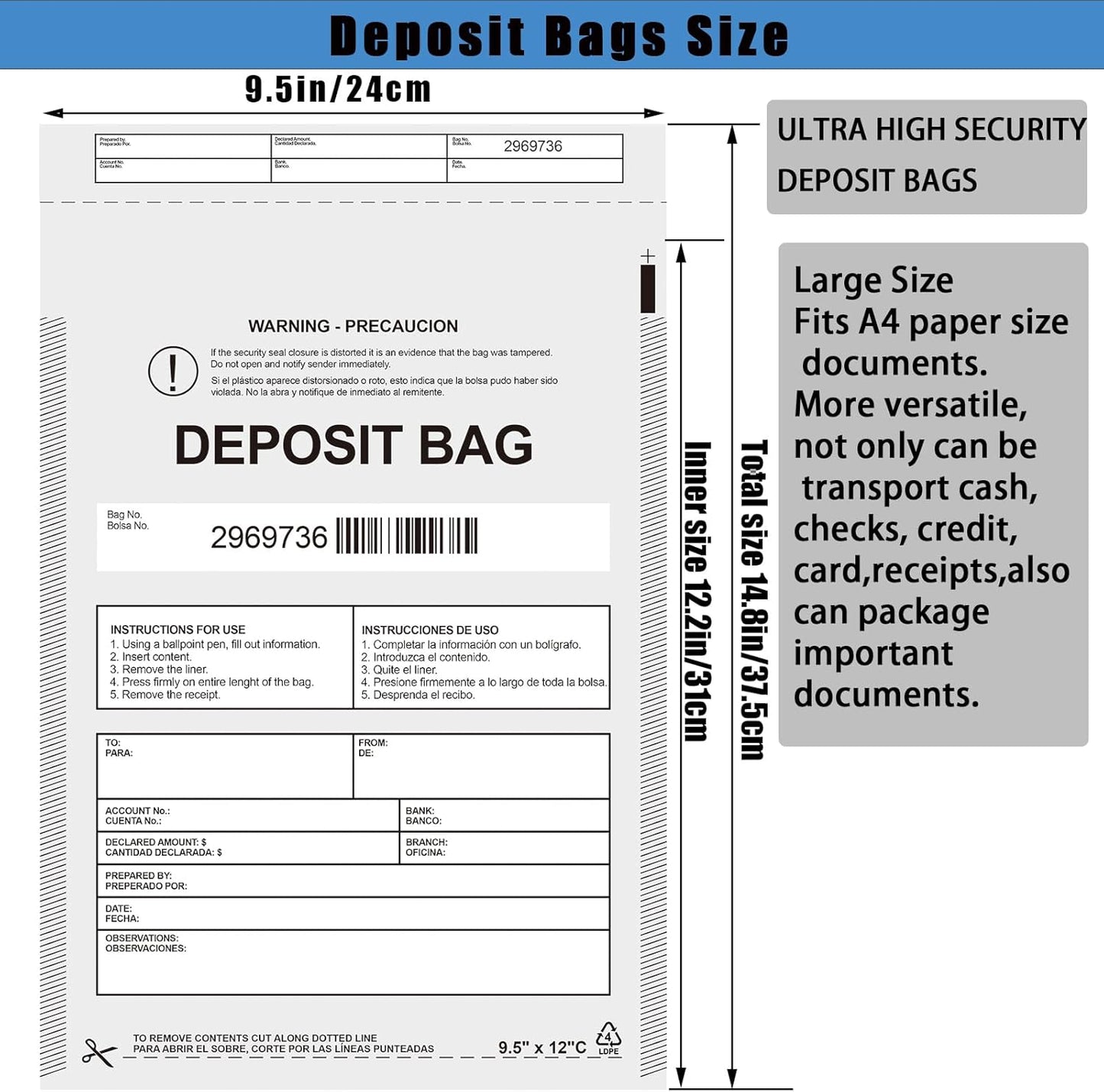 Plastic Deposit Bags 200 Pack Opaque 9.5''x 15'', Opaque Security Bank Deposits Bag,Cash register bags,Money bag for Cash,Bank Pocket,Tamper-Evident Bags,Unique Barcode