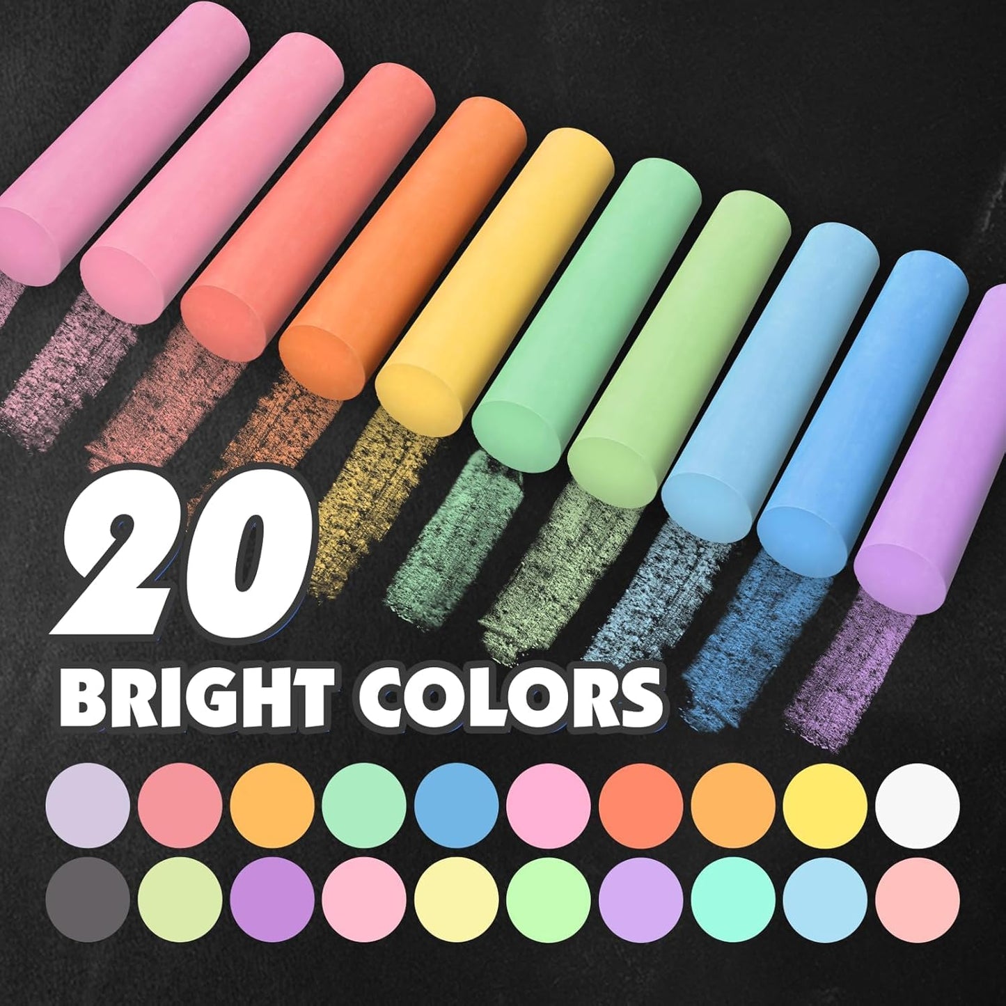 200 Pcs Sidewalk Chalk Set in 20 Assorted Colors, Non-Toxic Washable Bulk Chalk for Outdoor Ativity, School Chalkboard and Playground