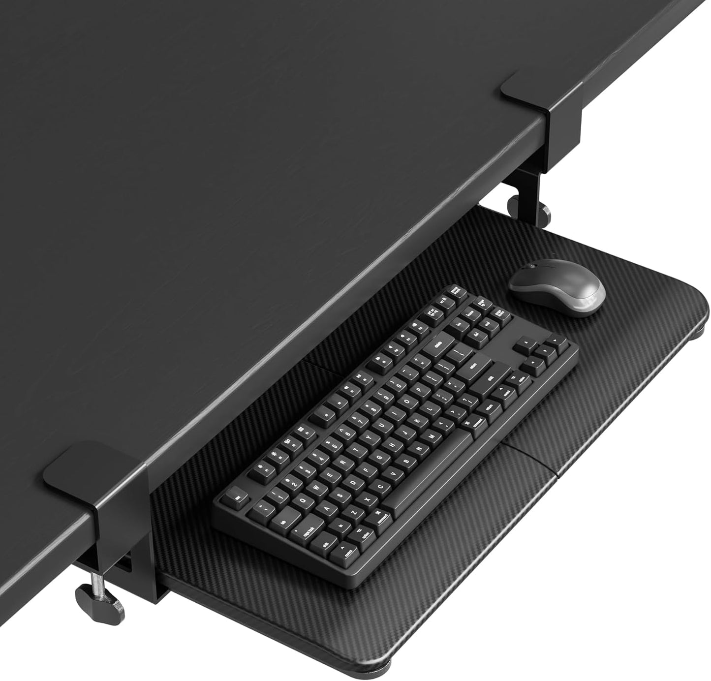 BONTEC KMT01-PJ Under Desk Keyboard Tray, Pull-Out Keyboard & Mouse Platform with C-Clamp, 20 x 11.8 in Space-Saving Ergonomic Slide-Out Drawer, Black Carbon Fiber