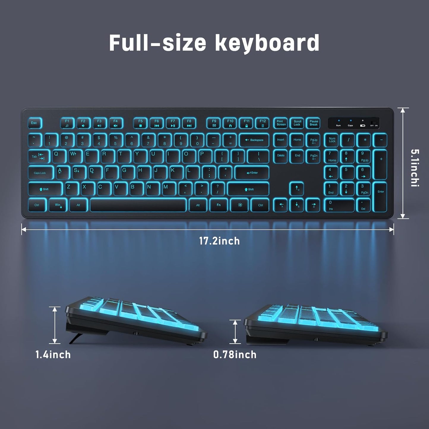 Backlit Wireless Keyboard, 2.4G Silent Wireless Light Up Keyboard, Full Size Computer Keyboards with 7 Colored Backlits, Rechargeable Keyboards for Windows, PC, Laptop (Black, Normative)