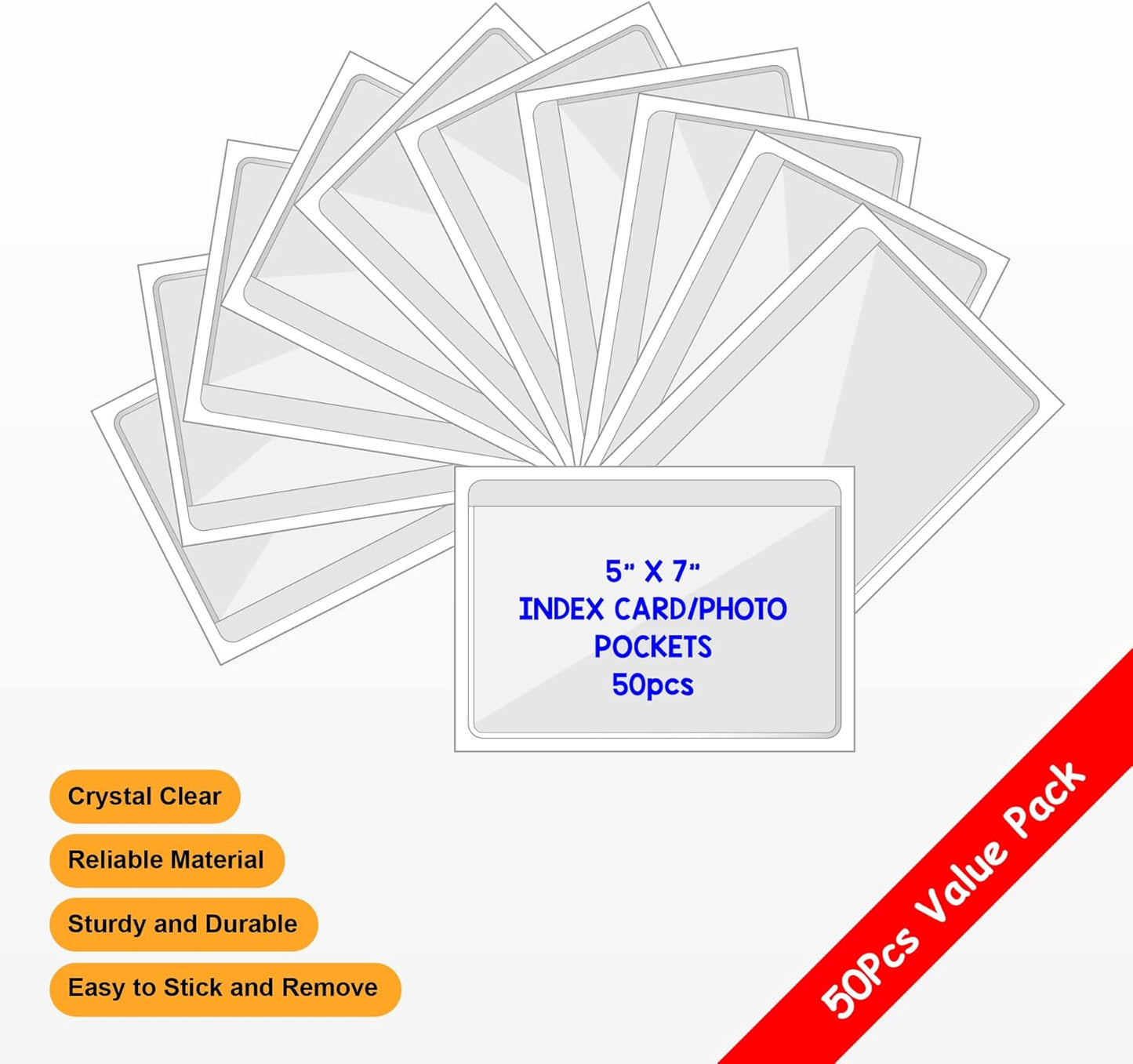 Clear Adhesive 5" x 7" Index Card Pockets with Top Open for Loading, 50 Pack, Plastic Labels Holders for Storage Bins and Library Card, Organizing and Protecting Your Index Cards or Photos