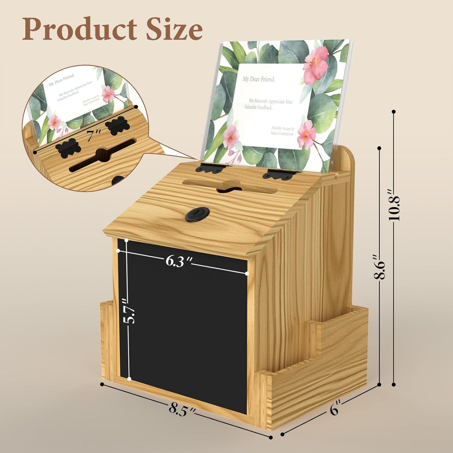 Skdtazrz Wooden Suggestion Box with Slot and Lock,Tip Money Donation Box for Savings Fundraising, Tabletop & Wall Mounted Prayer Box, Office Comment Ballot Box with Sign Slot Eraser and Pens