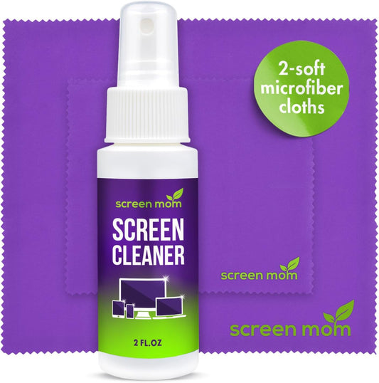 Screen Cleaner Spray and 2 Microfiber Cloths - 2oz Bottle by Screen Mom-Screen Cleaner Spray and Wipe for TV, Computer, Phone, iPad, Car Screen Cleaning Kit Electronic Cleaner Spray