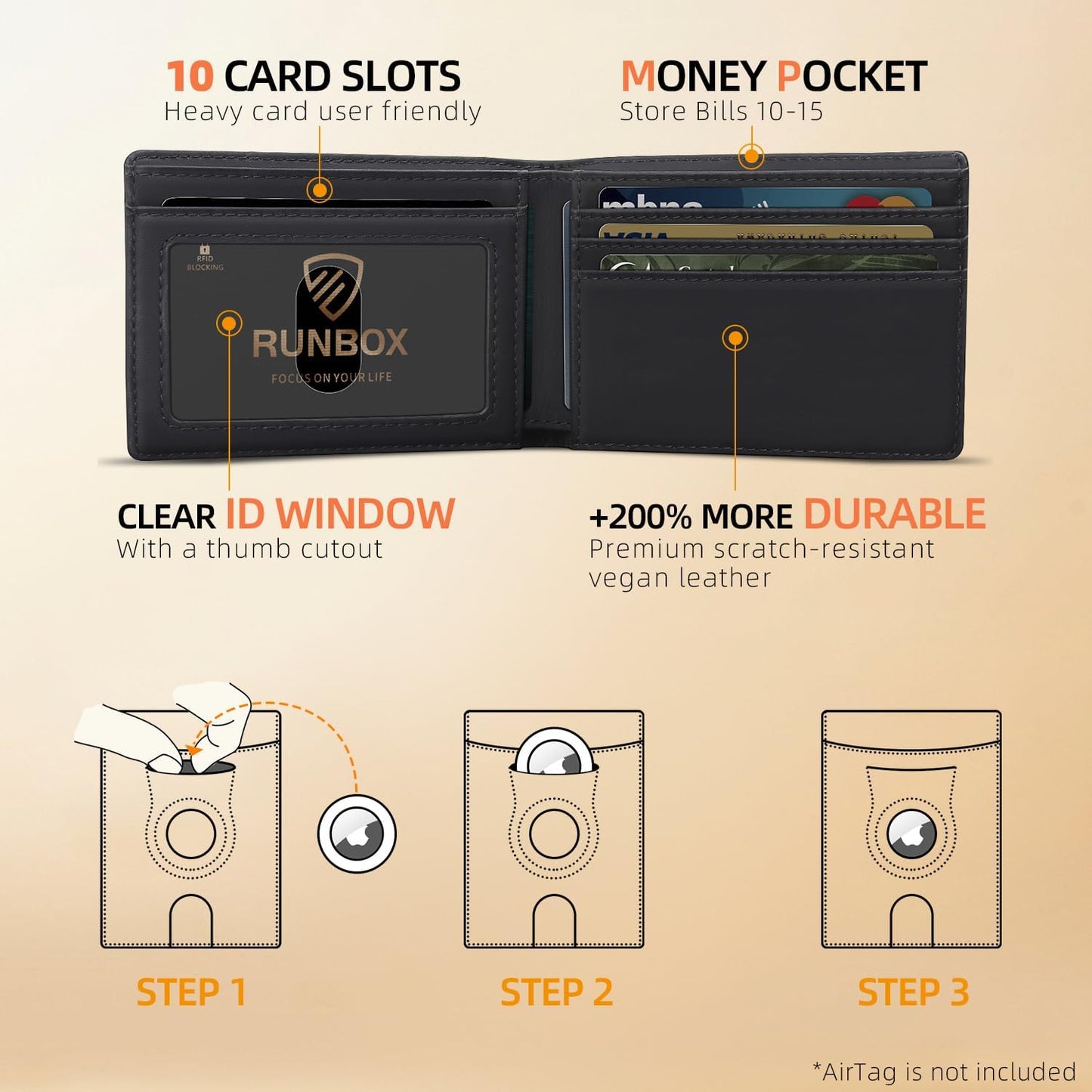 RUNBOX AirTag-Wallet-Mens-Slim-RFID Blocking Wallets Leather with Bill Compartment Air Tag Bifold Card Holder Wallet Gifts for Men Dad