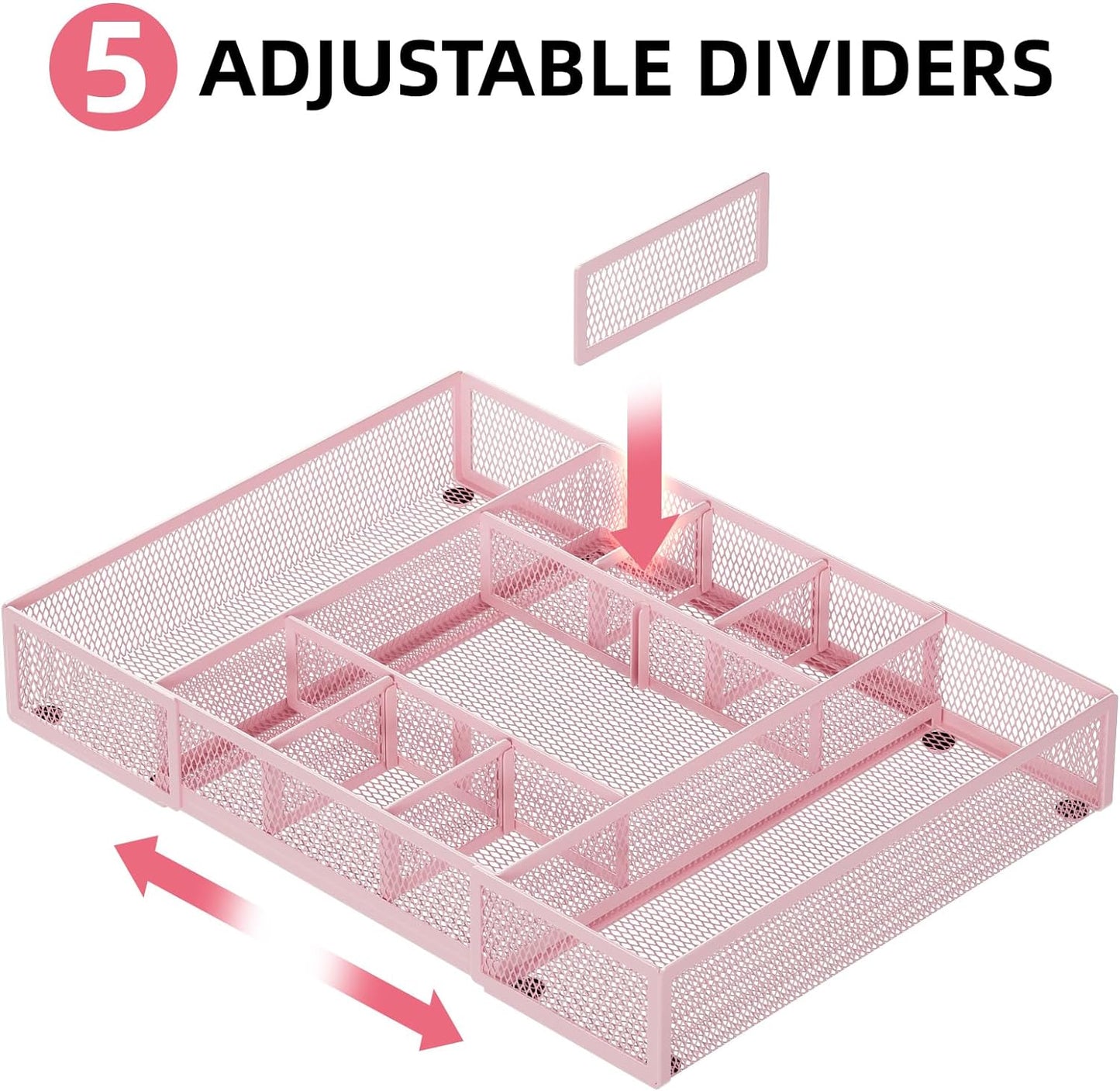 Marbrasse Expandable Desk Drawer Organizer, Mesh Tray with 10 Adjustable Compartments, Desk Organizers for Office Supplies, Makeup & Vanity (Expandable-Pink)