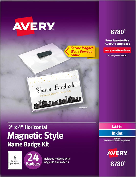 Avery Customizable Name Badges, Magnet Style, 3" x 4", Clear Name Tag Holders, White Laser/Inkjet Printable Inserts, 24 Total (8780)