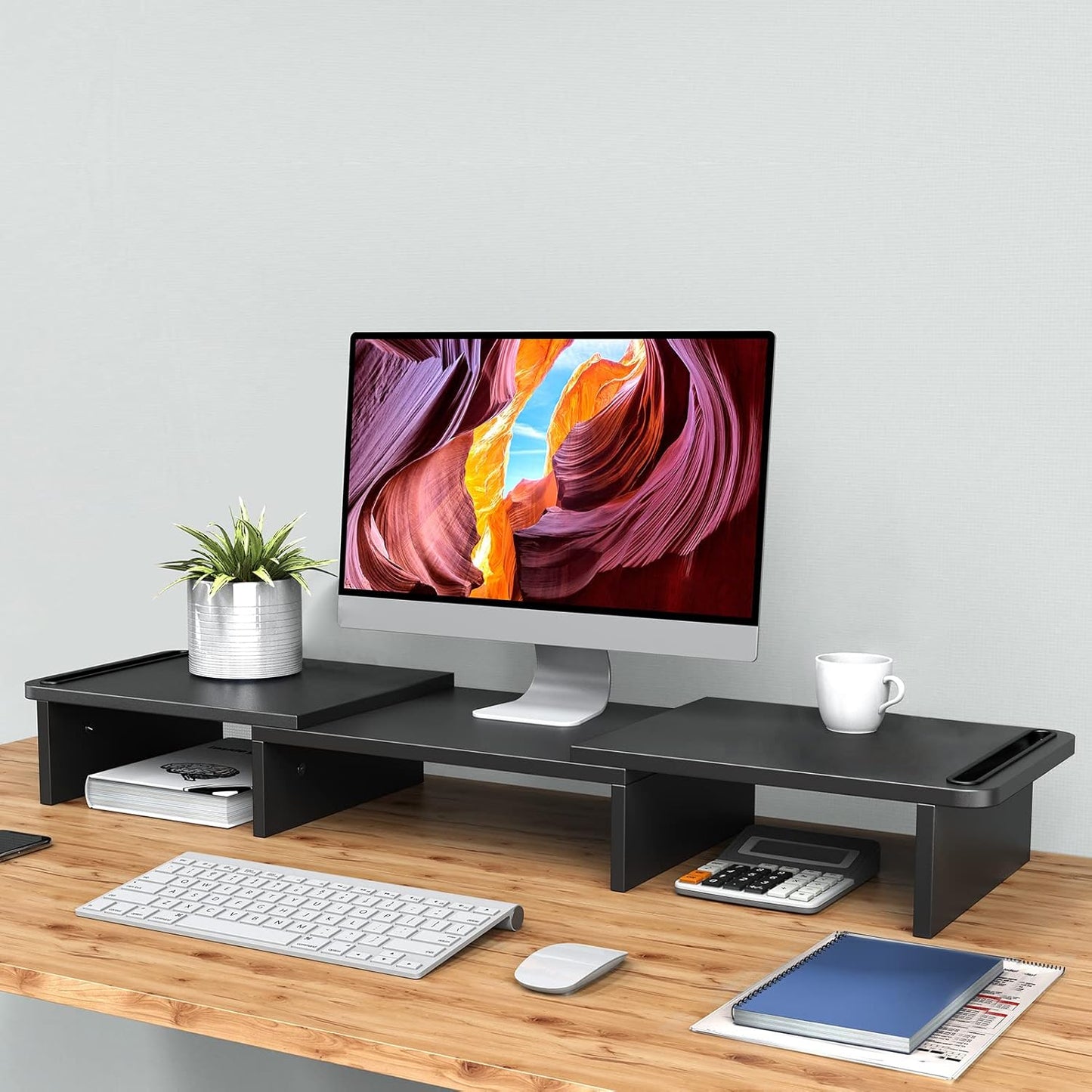 Zimilar Dual Monitor Stand Riser, Monitor Stand with Adjustable Length and Angle, Wood Monitor Stand for Desk, Monitor Riser for 2 Monitors with Storage Space