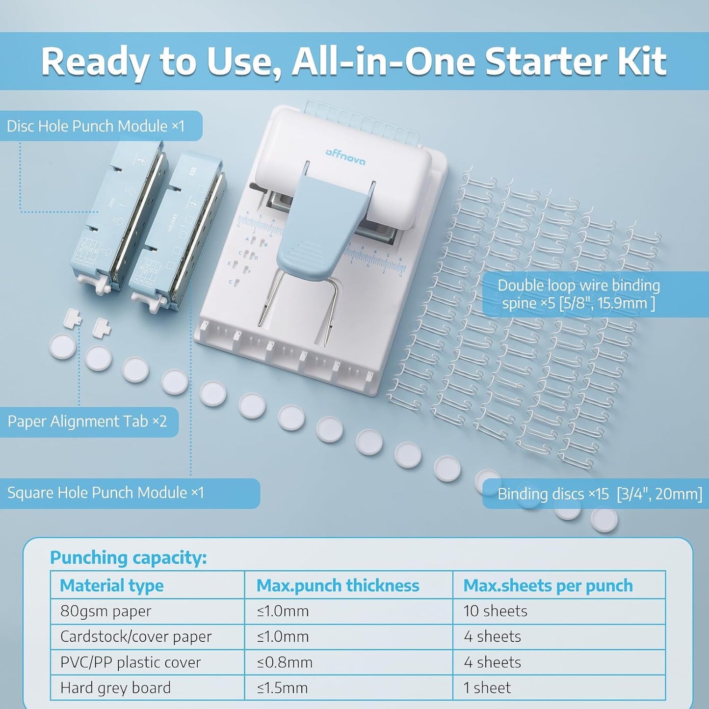OFFNOVA 2-in-1 Mini Binding Machine, Square & Disc Hole Book Binder, Compact DIY Punch and Bind Kit for A4/A5/US Letter, Includes Coils and Discs for Journals, Planners, Notebooks, Calendars