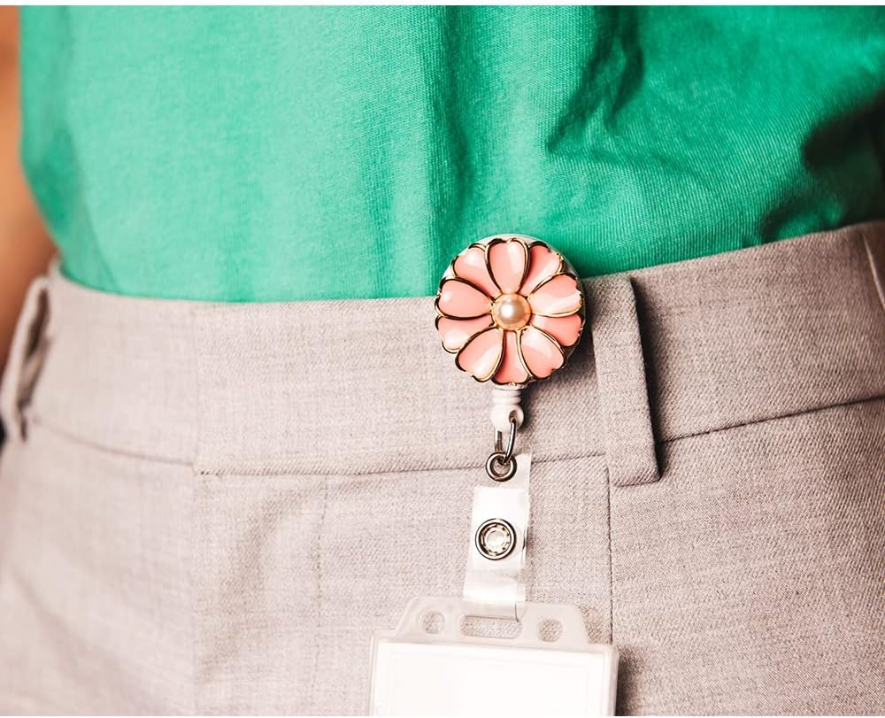 Retractable Badge Holder, ID Badge Reel with Pearl, 3 Pack (Pink)