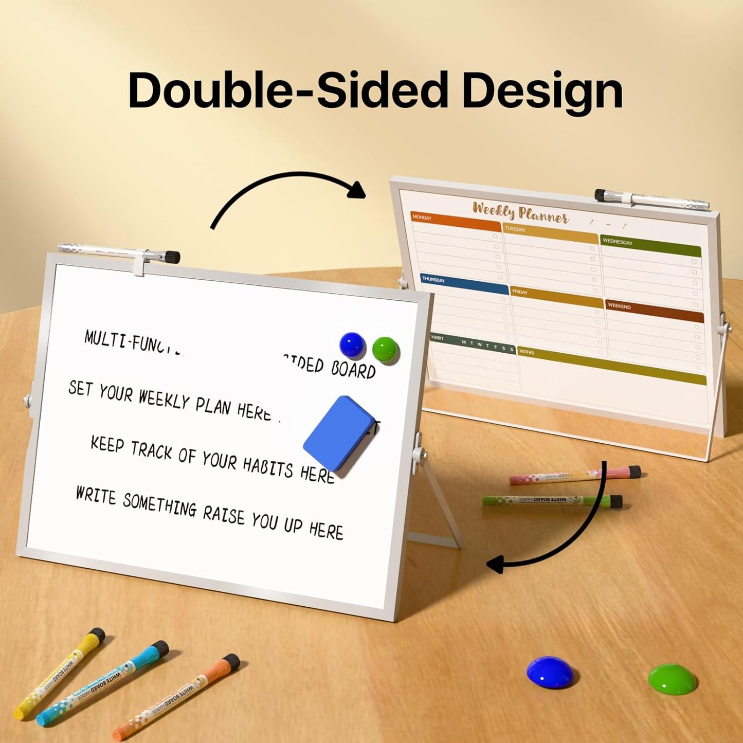 Dry Erase White Board with Stand,Double-Sided Weekly Whiteboard 12"x16", 10 Markers, 6 Magnets, 1 Eraser, Portable Desktop Whiteboard for Planning,Weekly Schedule Board for School for Home