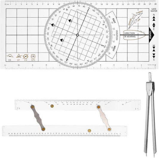 3 Pcs Basic Navigation Set, Including Marine Parallel Ruler, Nautical Protractor, and Navigation Fixed Point Divider, Marine Accessories with Clear Scales for Boat