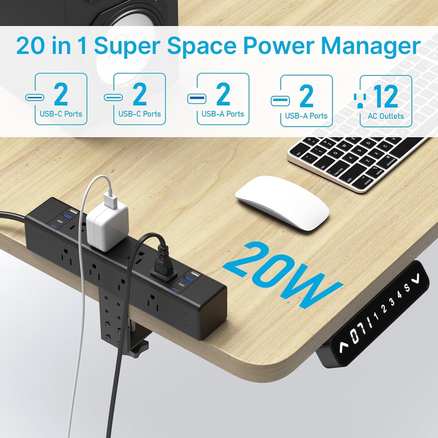 CCCEI Desk Outlet Station 20W USB C Port. 12 Outlet Desktop Clamp Power Strip Surge Protector 4800J with Switch. Nightstand Office Standing Desk Accessories Fit Thicker Table Edge or Screw Mount, 10FT