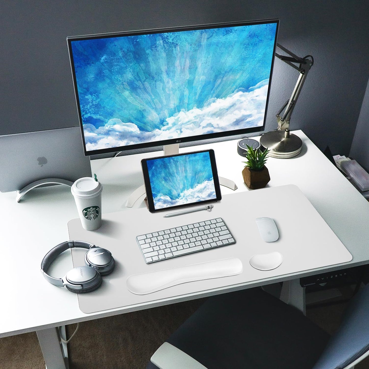 Bloss Leather Desk Pad and Keyboard Wrist Rest, Large Mouse Pad + Keyboard Pad+Mouse Wrist Support, Non-Slip Desk Mat Protector for Office, Home (35.4×15.7 Inches,White)