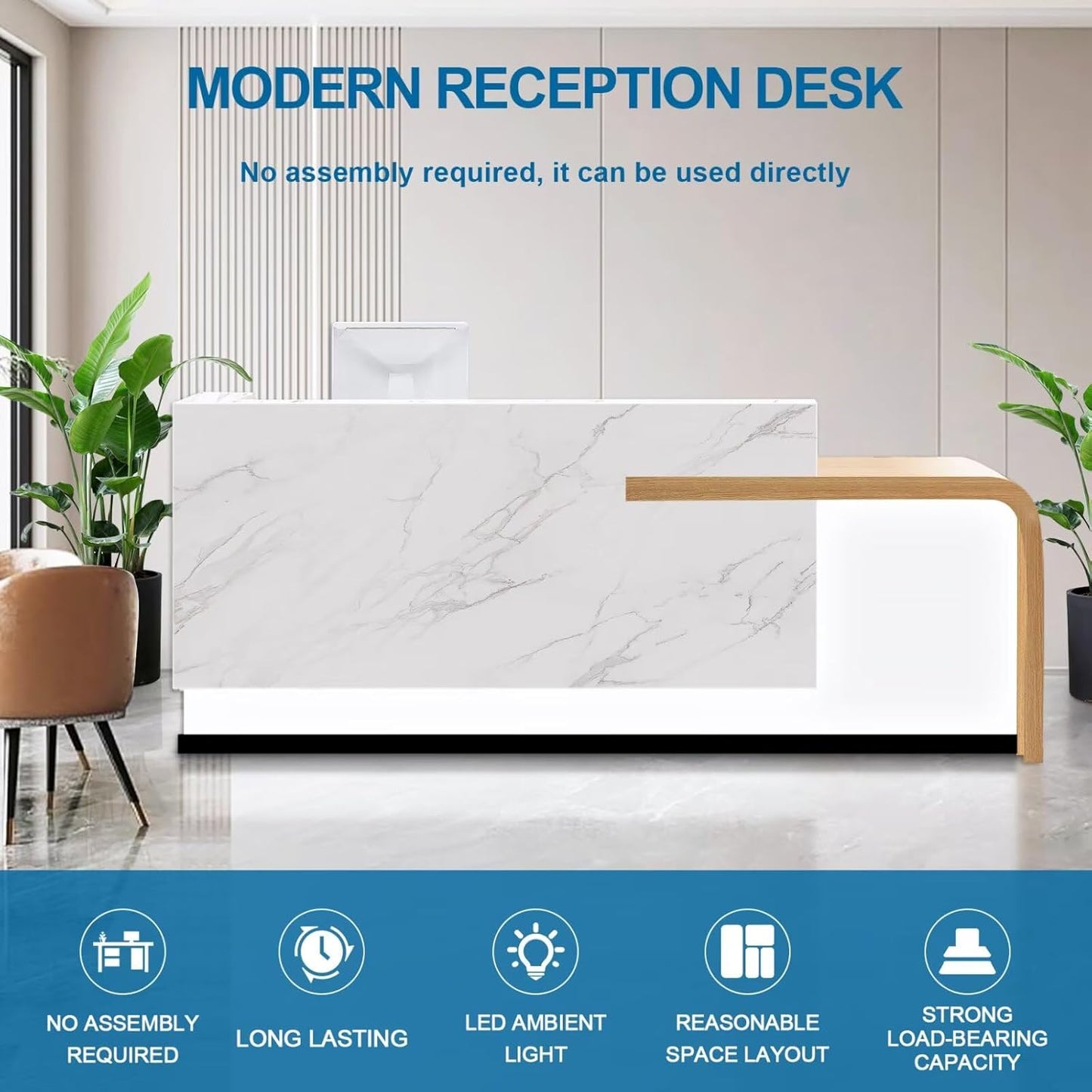 Reception Desk with Counter Modern Front Office Desk Large Reception Room Tables Checkout Counter Reception Table for Retail Lobby Beauty Salons White 94inch/240cm