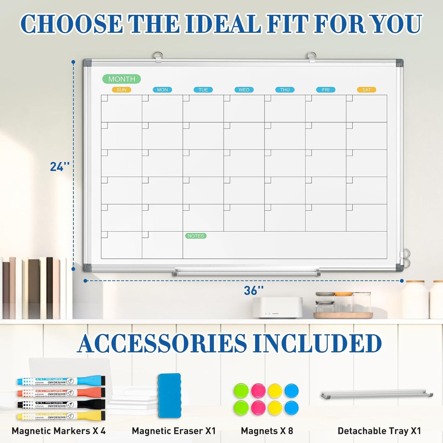 WALGLASS Dry Erase Calendar Whiteboard for Wall, 36" x 24" Double-Sided Monthly Calendar White Board with Silver Aluminum Frame, Hanging or Wall Mount Large Whiteboard for Home, Office, School