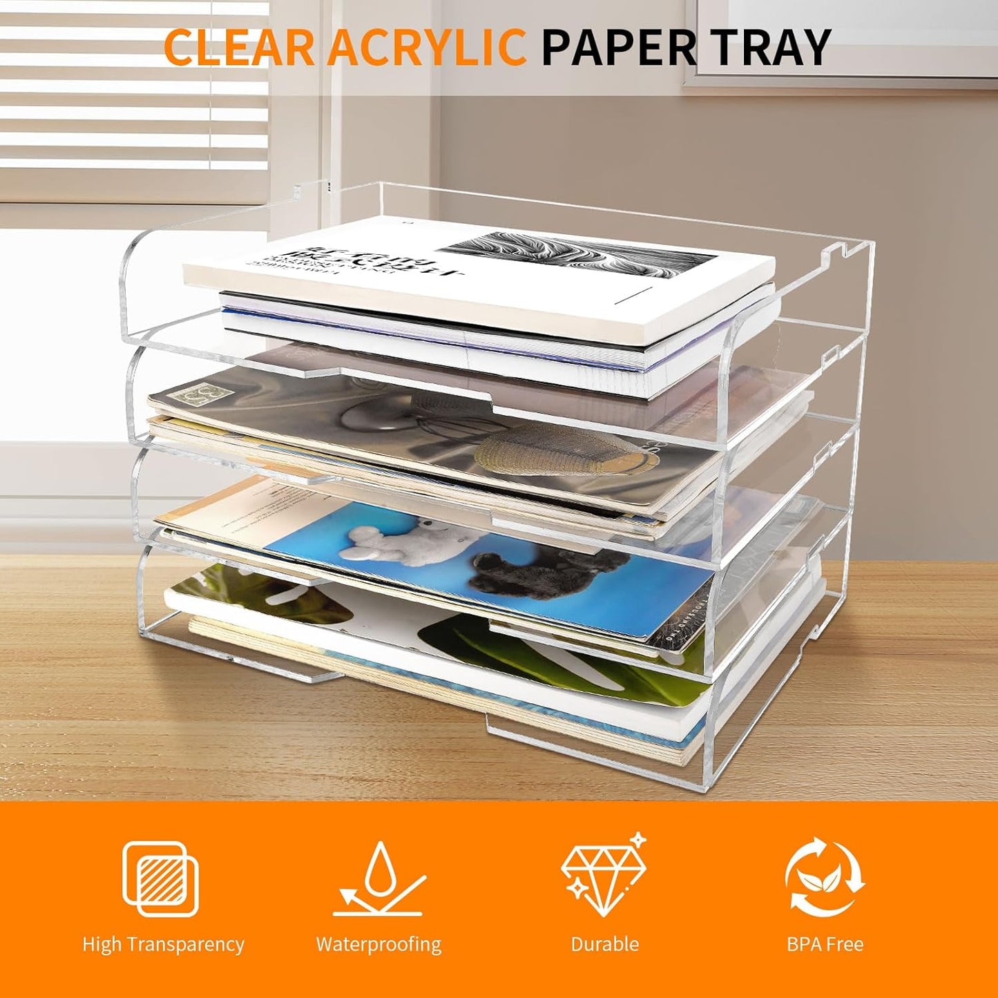 4 Pack- Stackable Paper Letter Tray,Clear Acrylic Magazine Holder and File Organizer - Sleek Desk Organizer for Home Office, Bookshelf, or Workspace - Space-Saving Transparent Document Holder