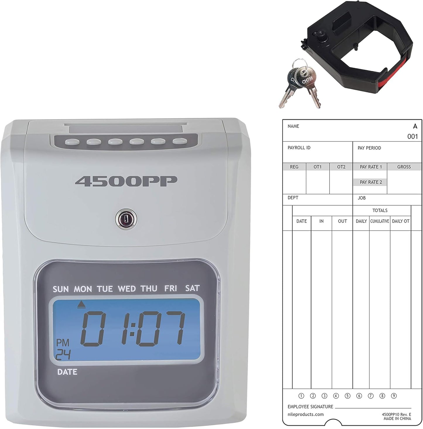 Nile Products - 4500PP Electronic Calculating Time Clock, Employees in/Out Time Tracker, Small Business Punch Pack Bundle Includes: 25 Time Cards,1 Ink Ribbon and 2 Security Keys