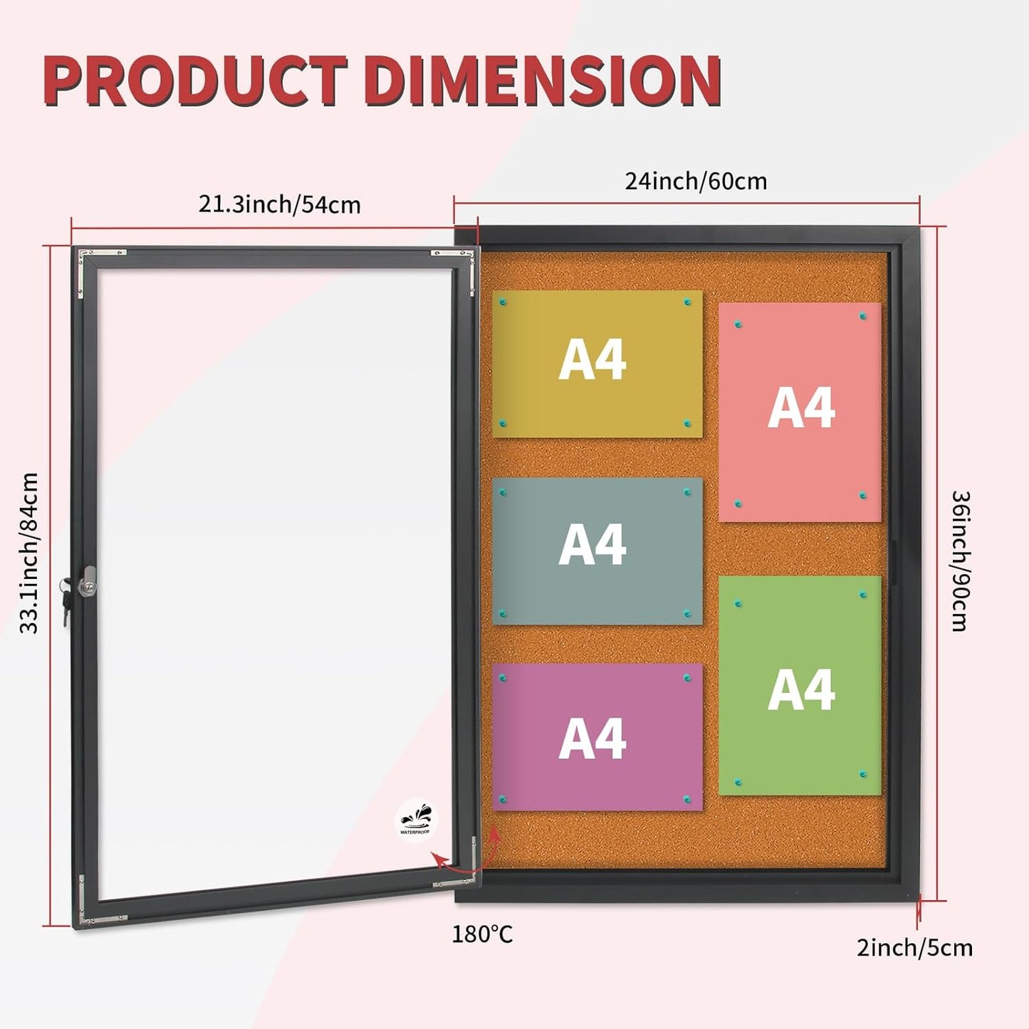 36x24 Inch Outdoor Enclosed Bulletin Board with Locking Door - Weatherproof & Tamperproof Cork Notice Board - Black Aluminum Frame