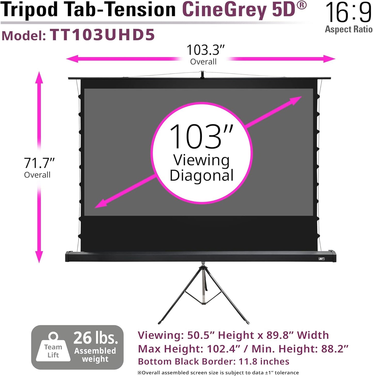 Elite Screens Tripod Tab-Tension CineGrey 5D, 103-inch Diag. 16:9, ISF Material Ceiling Ambient Light Rejecting ALR/CLR Tripod Pull-Up Portable Projector Screen, 8K 4K Ultra HD 3D Ready, TT103UHD5