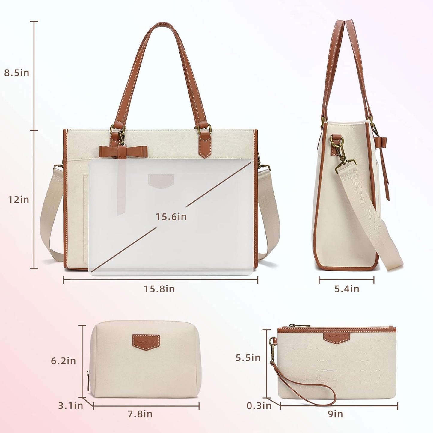 Keyli 3pcs Laptop Bag for Women,15.6 Inch Canvas Tote Bag Work Bags Large Business Computer Briefcase Shoulder Handbag Purse
